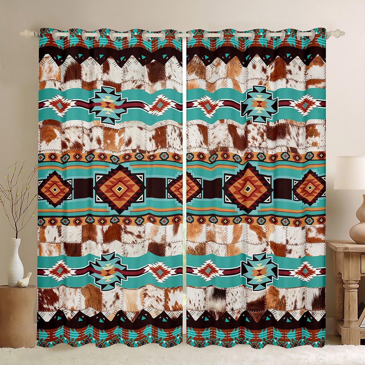 Southwestern Boho Window Curtains for Bedroom Living Room,Rustic Western Curtains for Boys Kids ,Vintage Brown Teal Window Drapes,Native American Pattern Tribal Window Treatments 52W X 84L,2 Panels