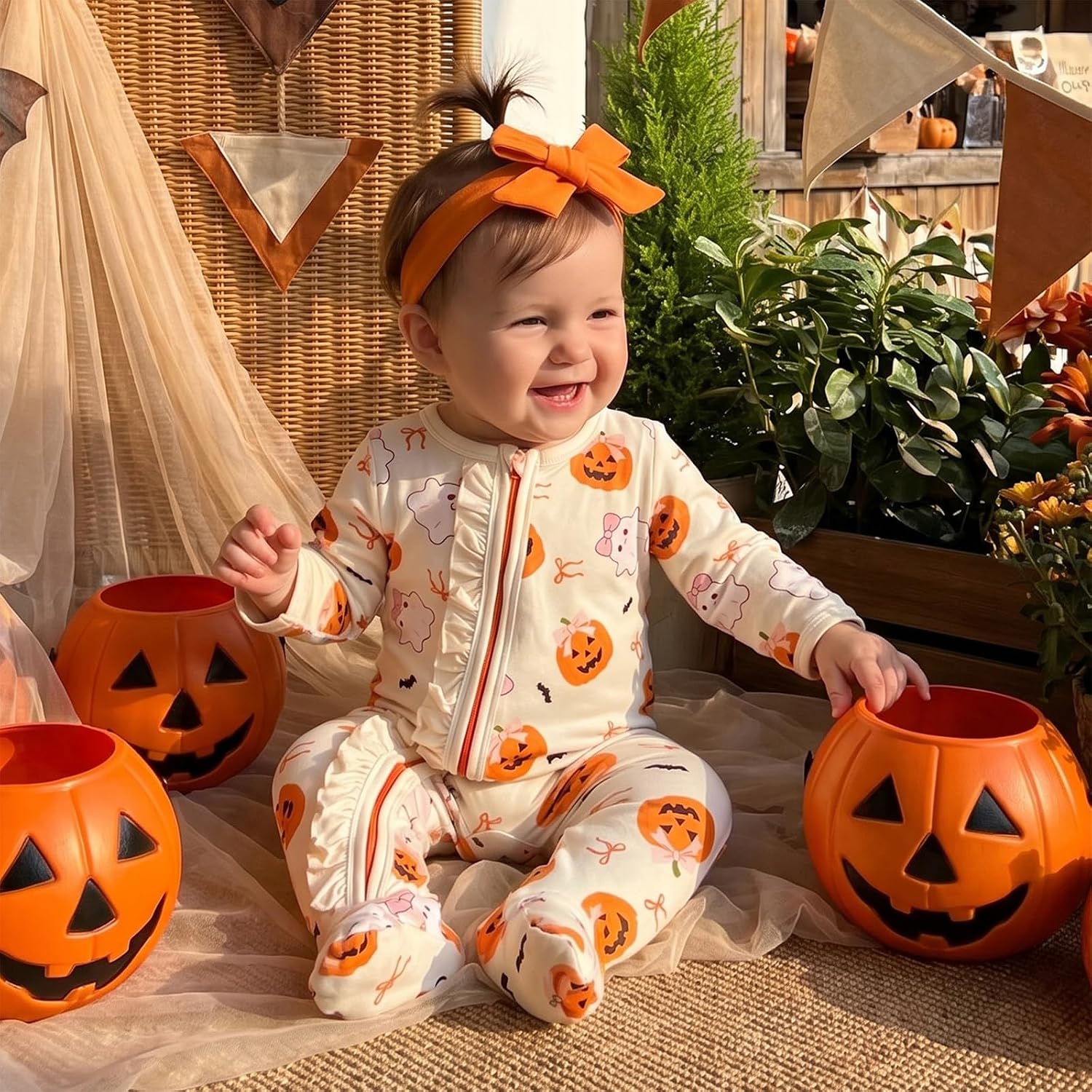 Baby Girl Halloween outfit Pumpkin Ghost Footie Zipper Jumpsuit | My First Halloween Baby Girl Outfit Newborn Pumpkin Ghost Footie Jumpsuit Ruffle Zipper Romper Cute Baby Fall Clothes