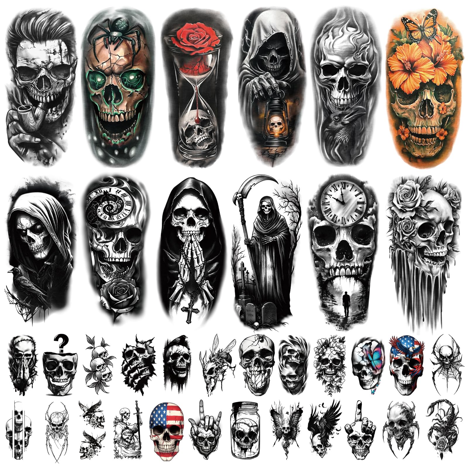77 Sheets Skeleton Skull Temporary Tattoo for Women Men, 17 Sheets Half Arm Large Flower Spider Owl Fake Tattoos, 60 Sheets Black Scary Halloween