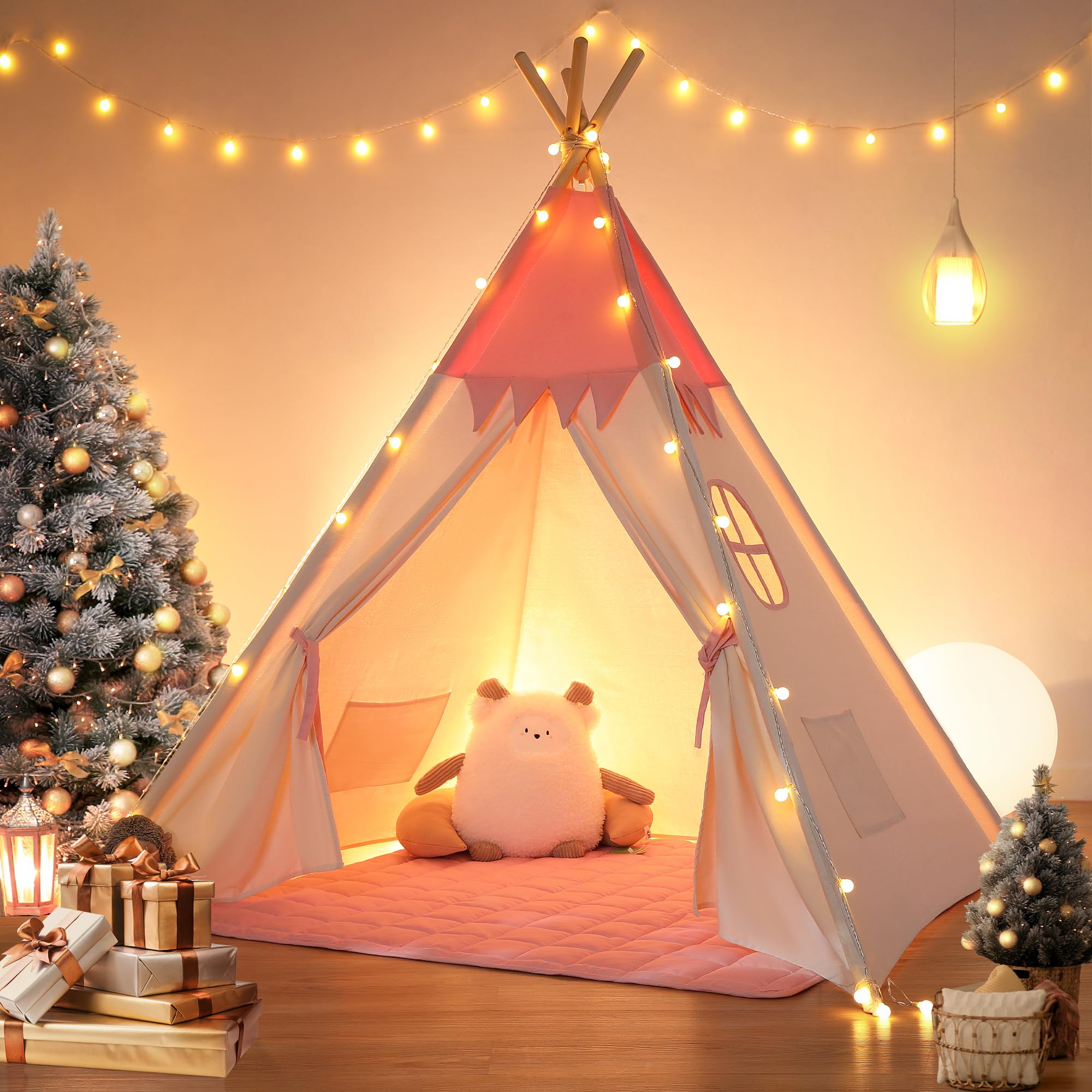 besrey Toddler Tipi Tent,Teepee Tent for Kid,Teepee Kids Tent, Kids Teepee indoor with Padded mat and Lights Play tent Cotton Indoor Playhouse for Toddler Girls — image 1