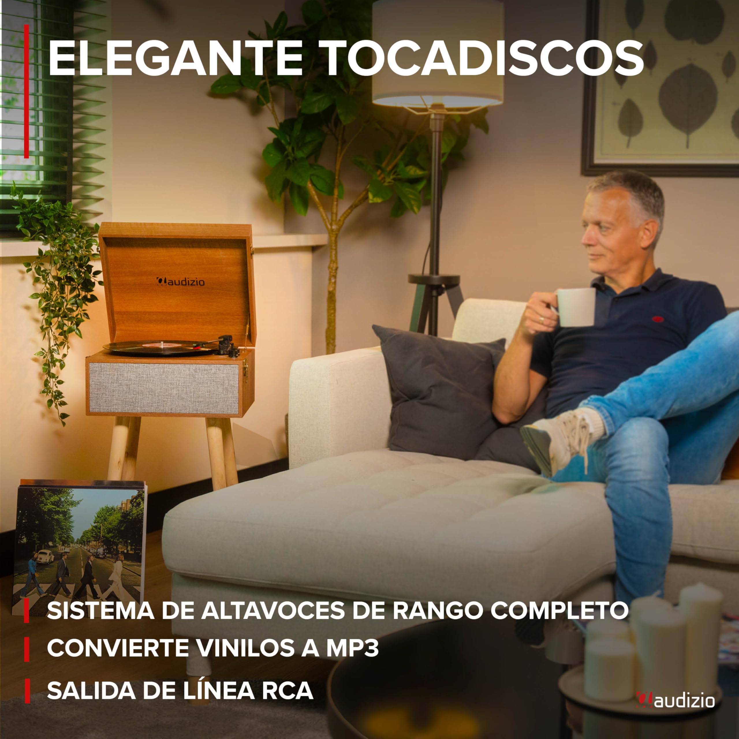 Audizio Fremont - Tocadiscos Retro con Patas de Madera, Bluetooth bidireccional, USB para digitalizar vinilos, Altavoces estéreo, RCA, 3 velocidades, Entrada AUX y Salida de Auriculares Color Madera