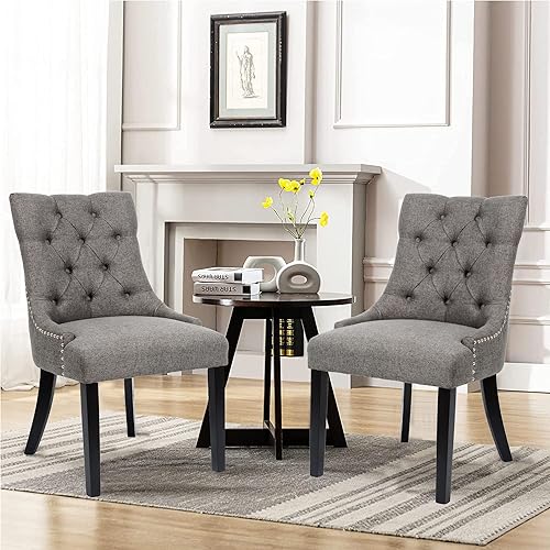 Miniatura 8 de Juego de 2 sillas de mesa para comedor, sillas auxiliares de cocina, modernas y elegantes sillas de tela con botones y ribete de cabeza de clavo,