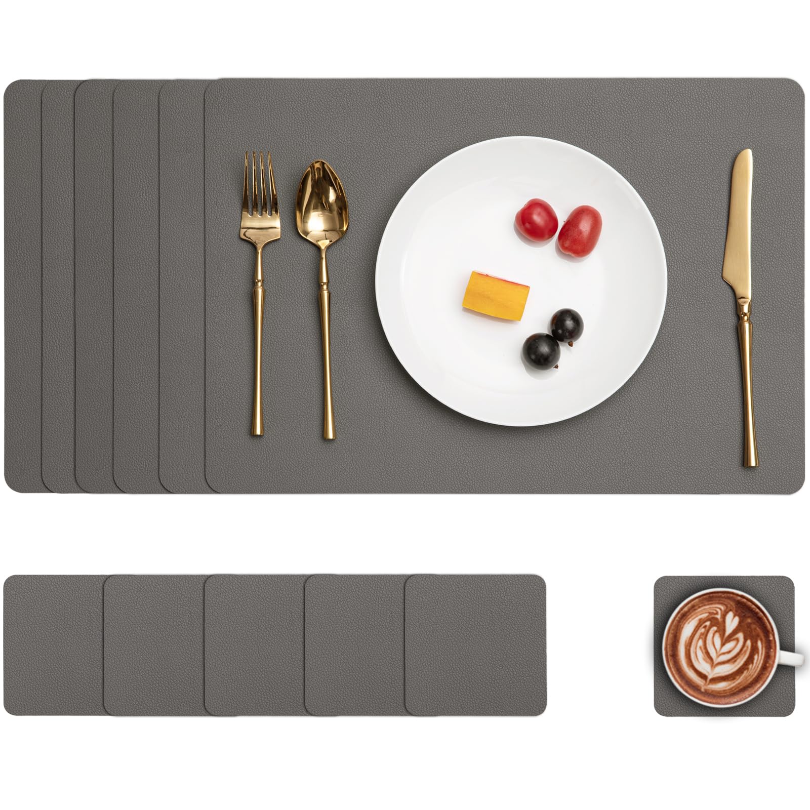 Myir JUNLeather Table Mats and Coasters, Dual-Sided Leather Placemats and Coasters Waterproof Placemats Set of 6 Place Mats Non-Slip Washable Table Mats (Grey Grey, Set of 6)Global Recycled StandardGlobal Recycled StandardGlobal Recycled Standard