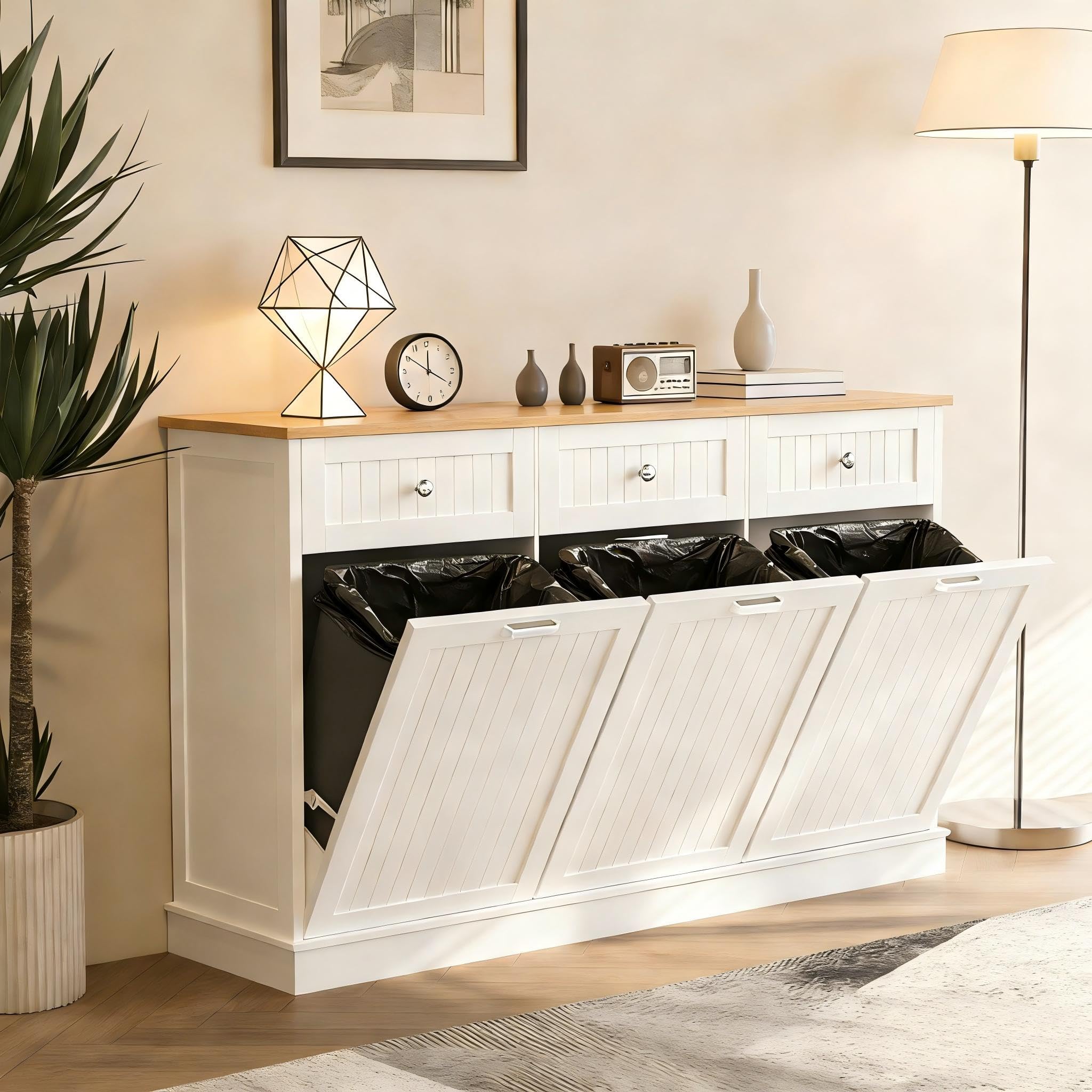 Triple Tilt-Out Trash Can Cabinet, 30 Gallons Wooden Kitchen Garbage and Recycling Bin with 3 Hideaway Drawers, Power Outlets, Pet Proof - Freestanding Laundry Hamper Storage for Bathroom, White