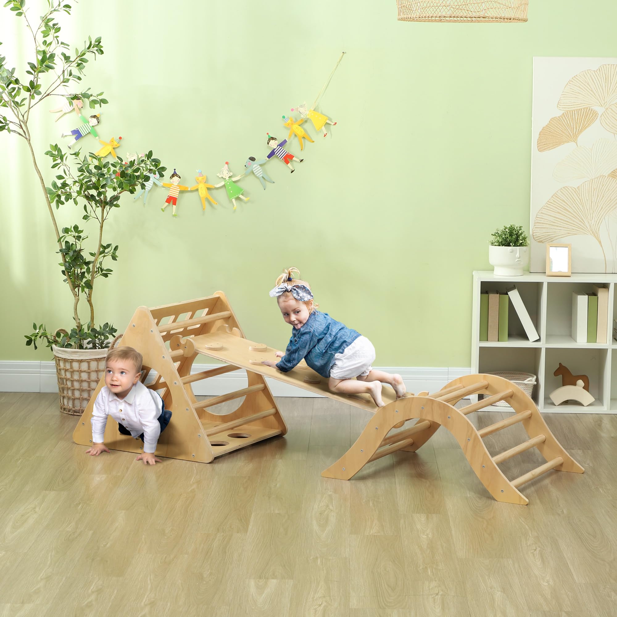 AIYAPLAY 8 en 1 Triángulo de Escalada Montessori con Arco y Rampa Escalada para Niños de Madera de 18-48 Meses con Bolsa de Arena 175x59,5 cm Natural