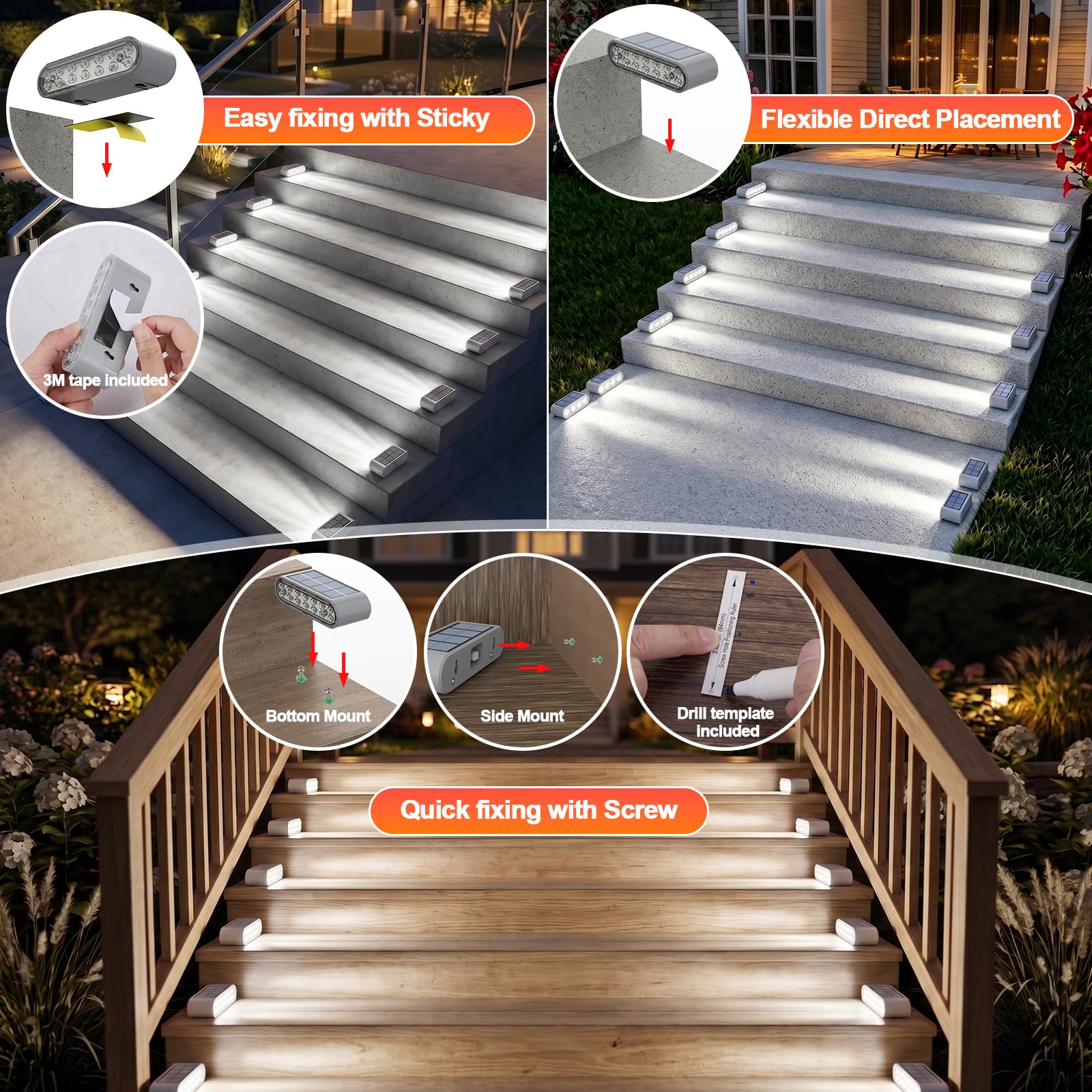 Lot de 6 lampes solaires d'extérieur étanches IP67 14 LED blanc froid pour escaliers, terrasses, patios