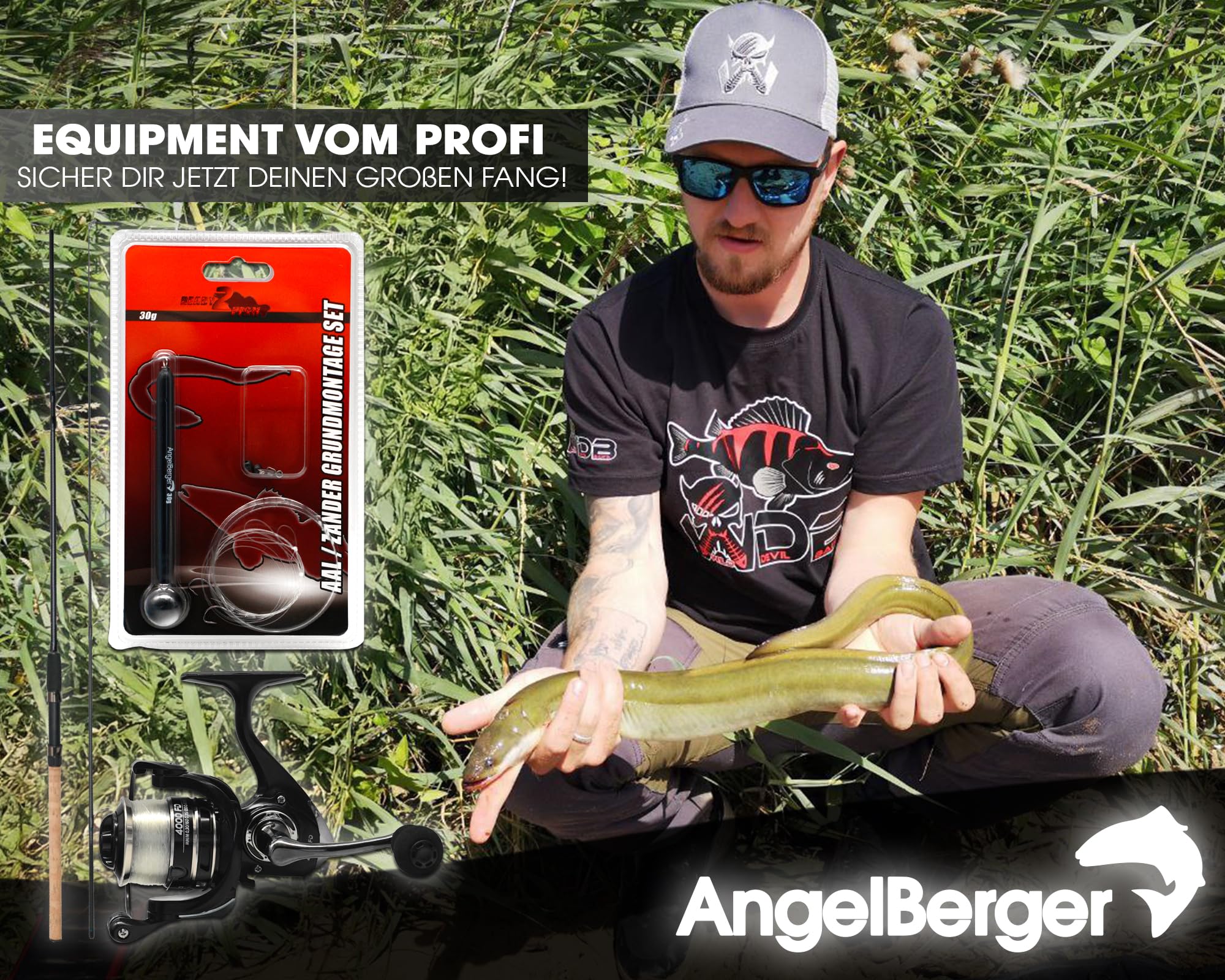 Angel Berger Steck Angelset Aal Zander Grundmontage Rute Rolle mit Angelzubehör Ready2Fish Angel Set Aal Zander Fishing Set EEL Pike Perch Wurm Dead Bait Grundangel Aalangeln Zanderangeln