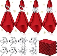 Vista 12 de EBOOT 16 piezas de servilletas de Navidad y juego de porta servilletas 8 piezas de servilletas lavables rojas de tela y 8 porta servilletas