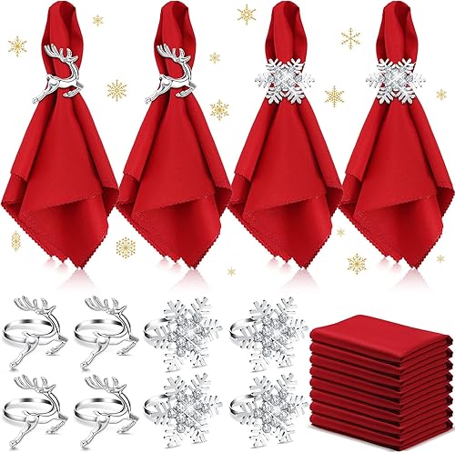 Vista 32 de EBOOT Juego de 16 servilletas y anillos de Navidad, 8 servilletas lavables de tela roja y 8 anillos de Navidad para Navidad, cena, fiesta