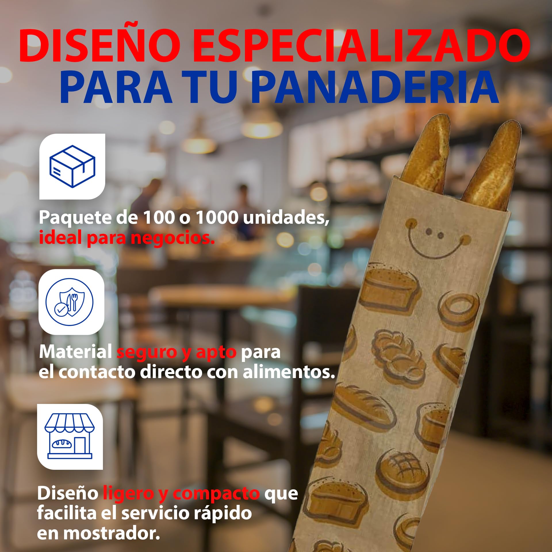 BALSAT Bolsas de Papel Kraft para Panadería | Estampado Atractivo de Pan y Caritas | Seguras y Cómodas | Varias Medidas | Resistentes y Evitan el Aplastamiento | 1000 Uds 18x51 cm (2 Barras normales)