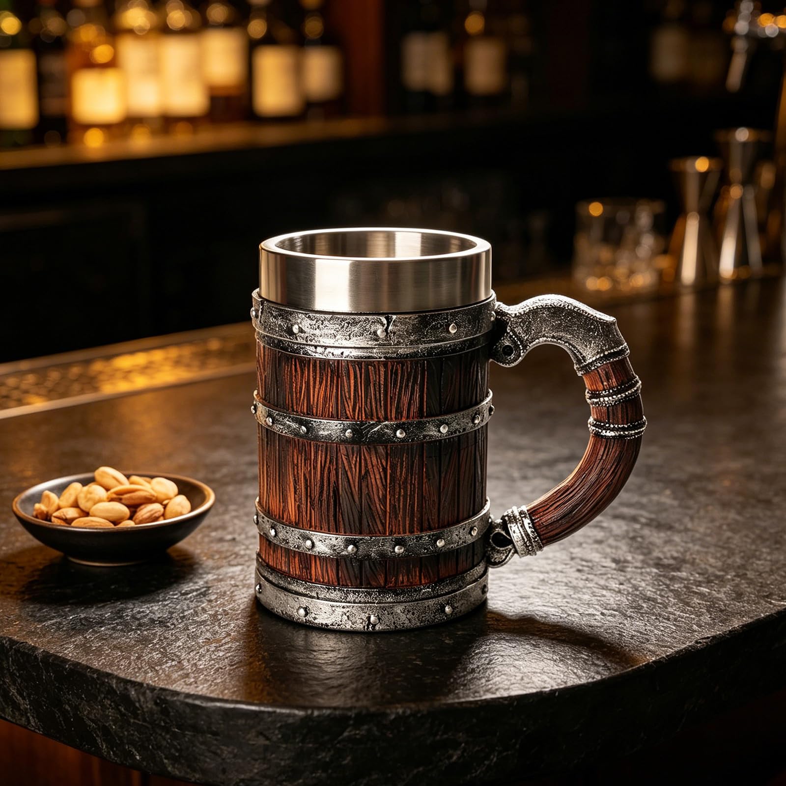 Generisch Chope à bière en bois avec isolation à double paroi, grande capacité, tasse en résine, gobelet intérieur en acier inoxydable pour boissons chaudes et froides, gobelet historique