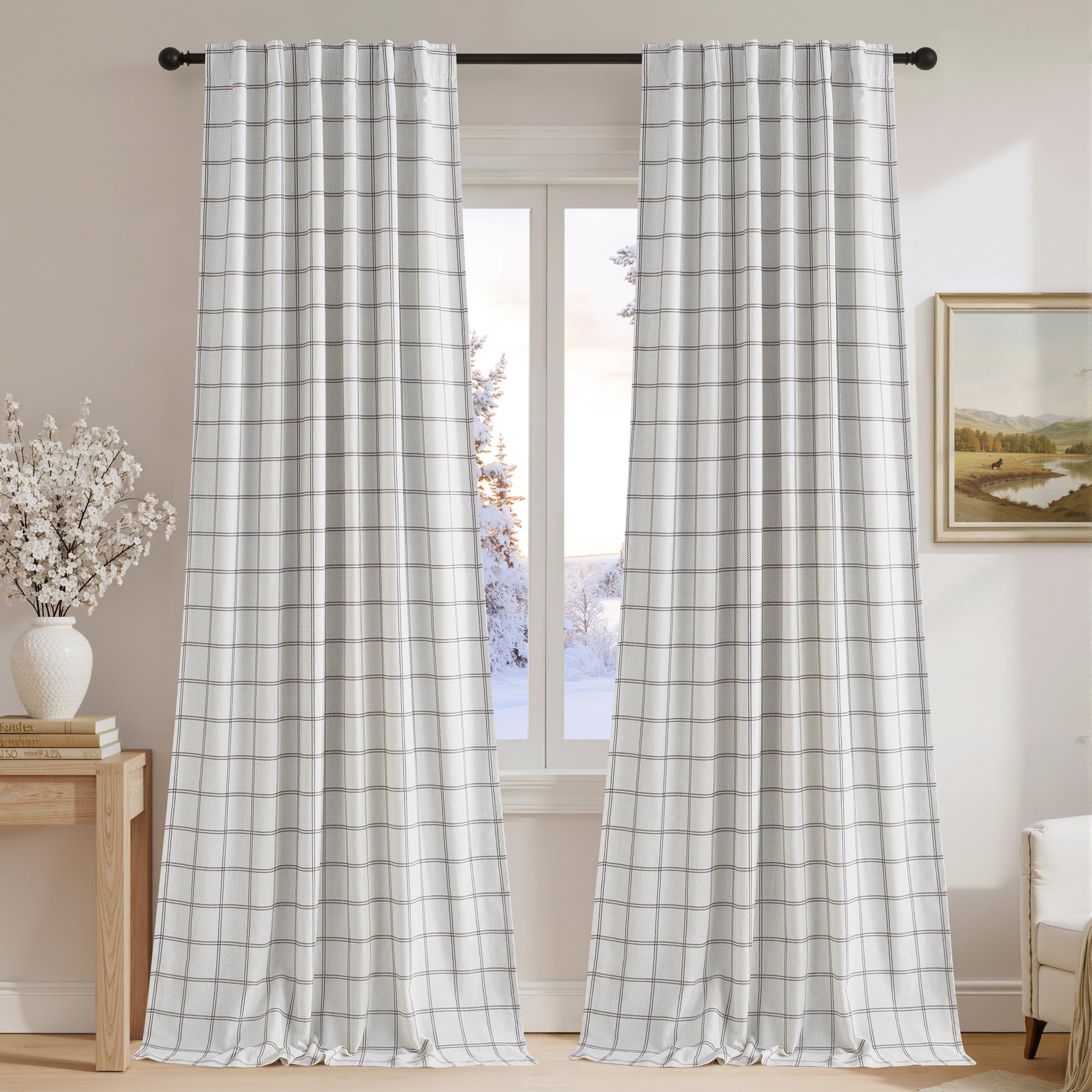 NICETOWN 2 Panels 100% Blackout Windowpane Plaid Linen Curtains 96 inches Long for Bedroom, Rod Pocket Back Tab Double Layer Drapes for Living Room Farmhouse Thermal Insulated, White, 52 inch Wide