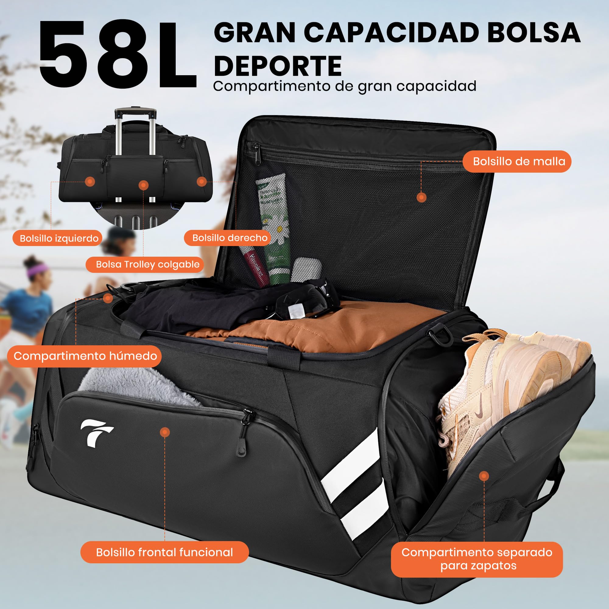 Bolsa Deporte, 58L Impermeable bolsa deporte hombre Bolsa de Viaje Macuto con Zapato y Compartimento Húmedo, Bolsa de Deporte para Mujer y Hombre para el Gimnasio, la Natación, el Camping y los Viajes
