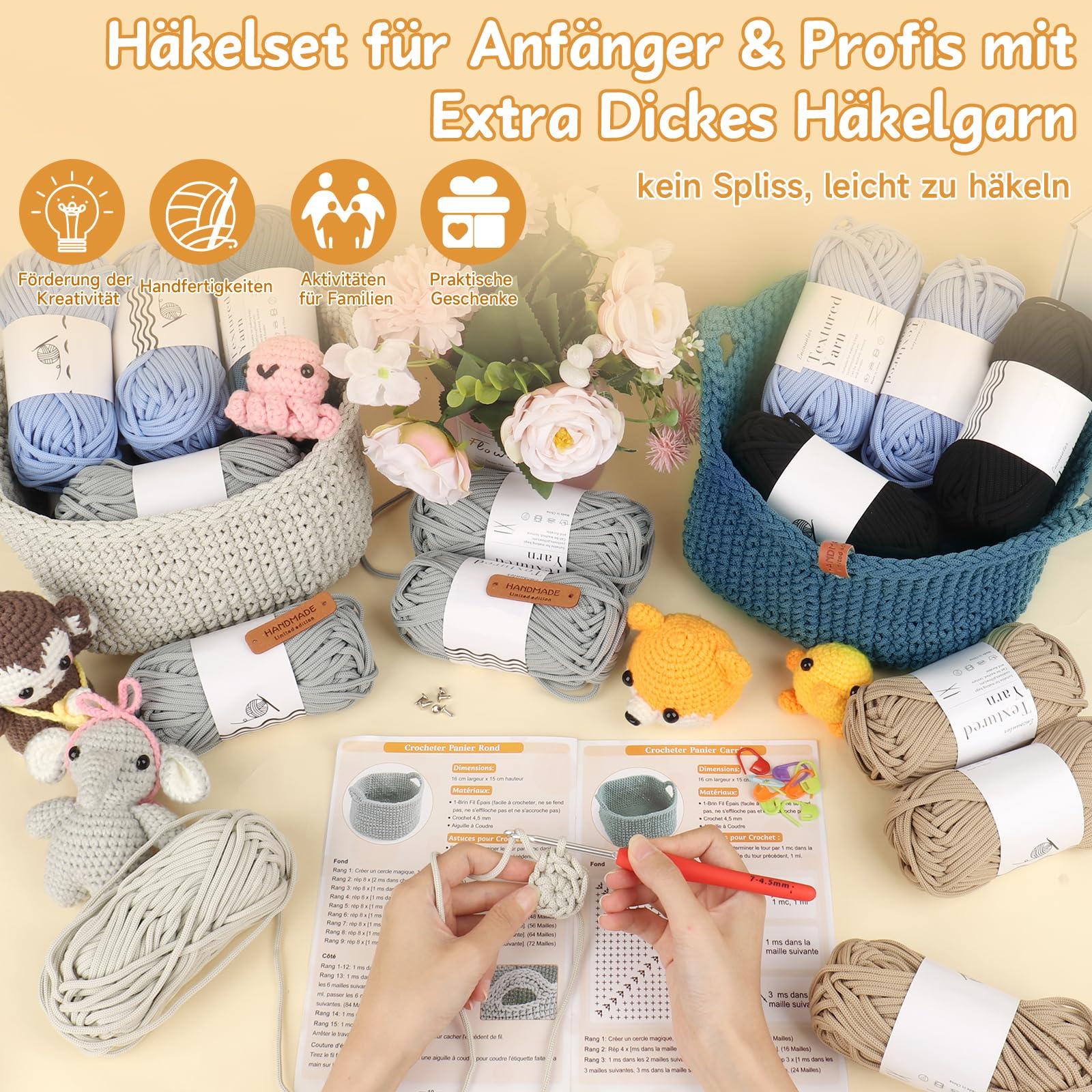 Set per principianti: cestini quadrati all'uncinetto con motivo all'uncinetto, 4,5 mm