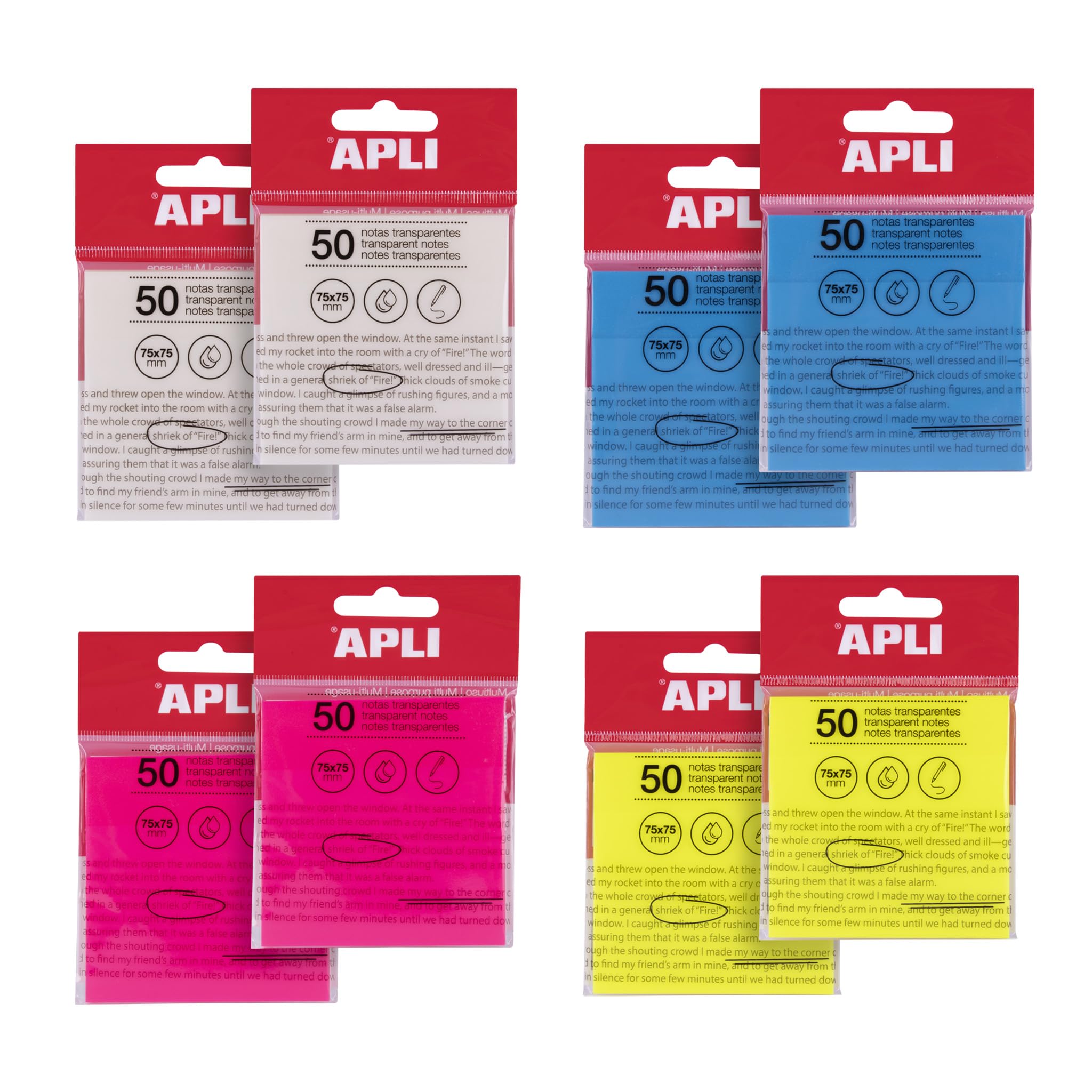 APLI 19900 – Pack of 8 Transparent Sticky Note Pads 75 x 75 mm in Assorted Colours, 50 Translucent Sheets/Pad, Waterproof, School or Office Use