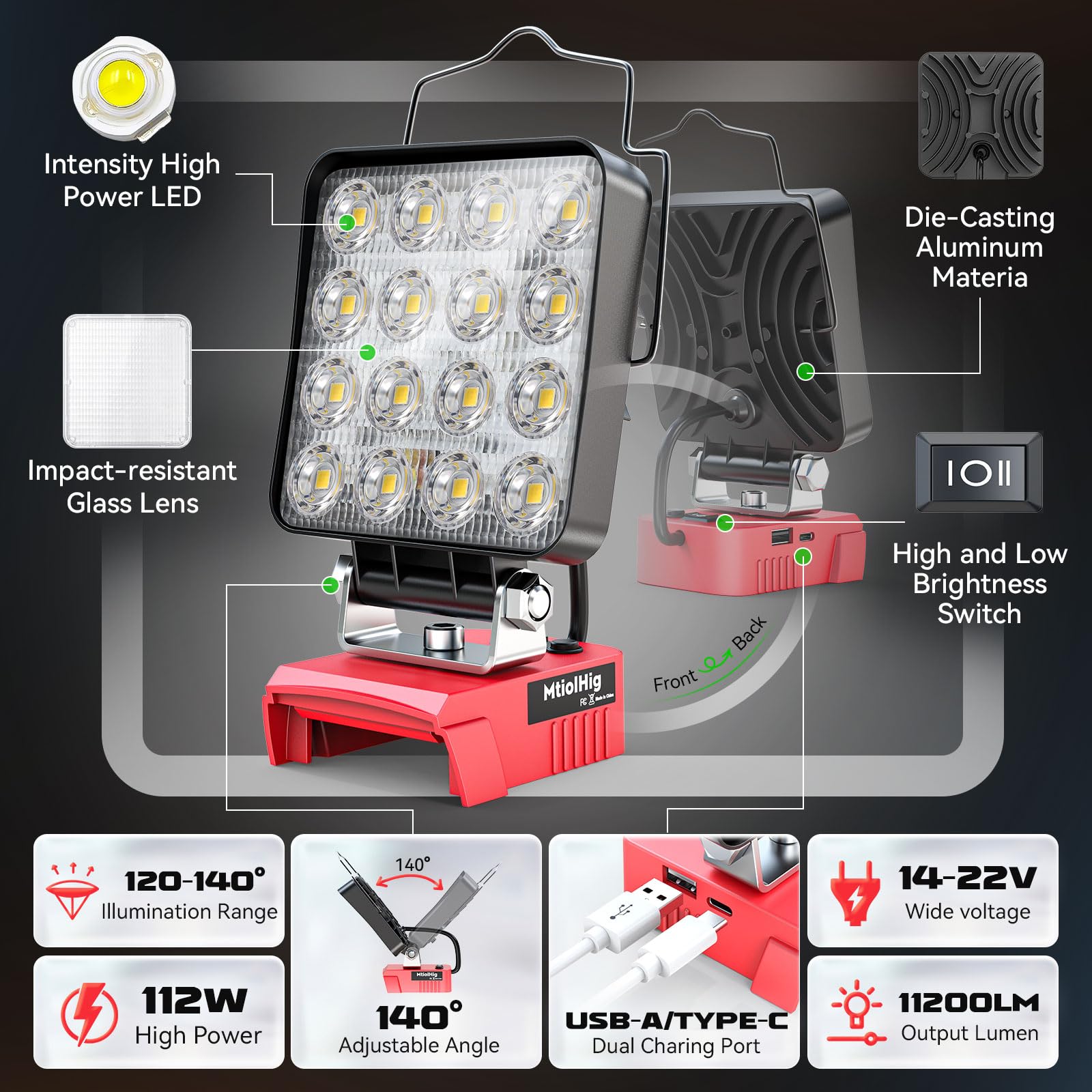Luz de trabajo LED inalámbrica para batería Milwaukee de 18 V, luz de construcción de inundación portátil para taller, reparación de automóviles, al aire libre, garaje, 60 W, 6000 lúmenes con puerto