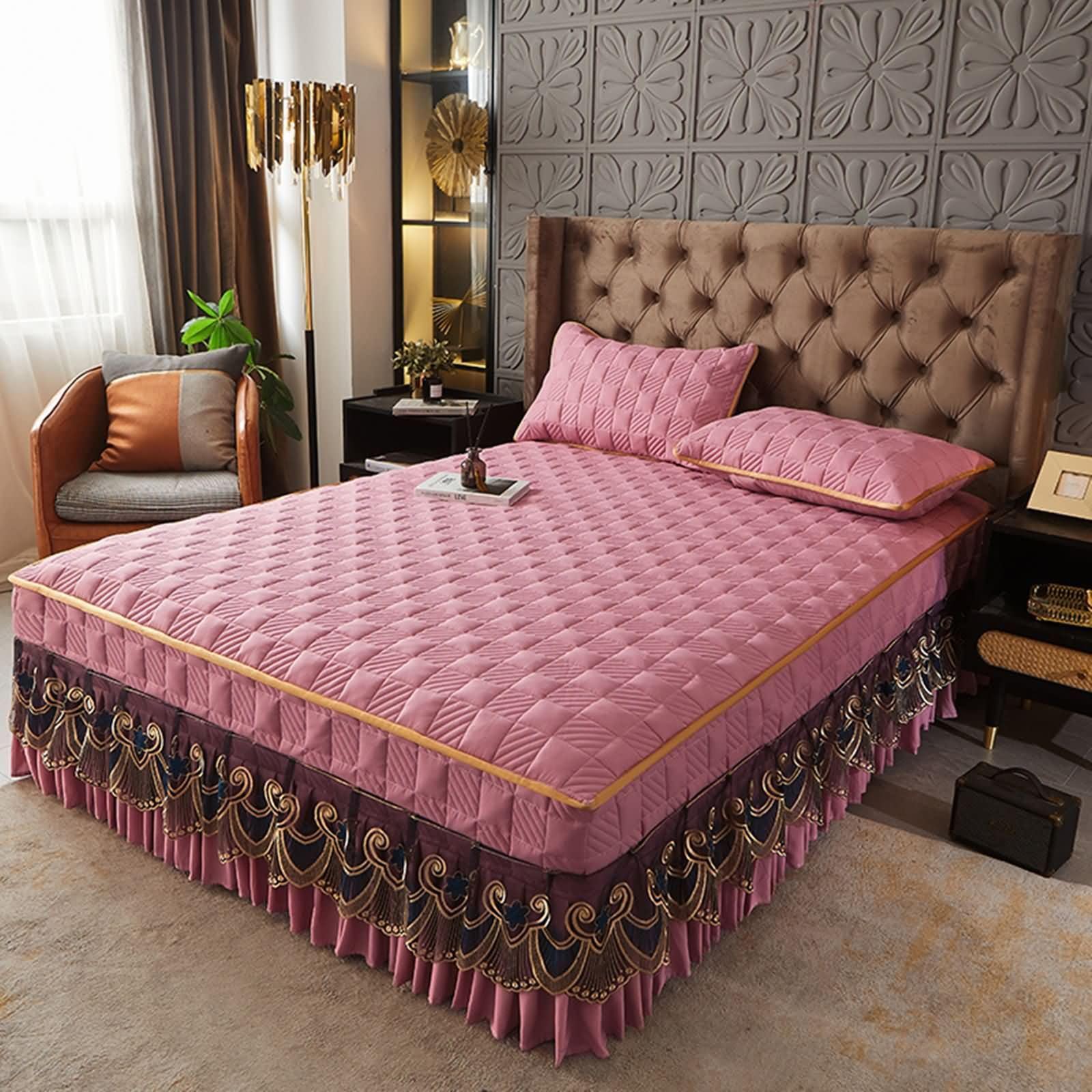 Pack de 3 Piezas Sábana Bajera Cama Matrimonio de Poliéster Algodón, Patrón de Cuadros con Encaje Bordado, 180 x 220 CM + 2 Fundas de Almohada, Sabanas Bajeras Ajustables Rosa Púrpura