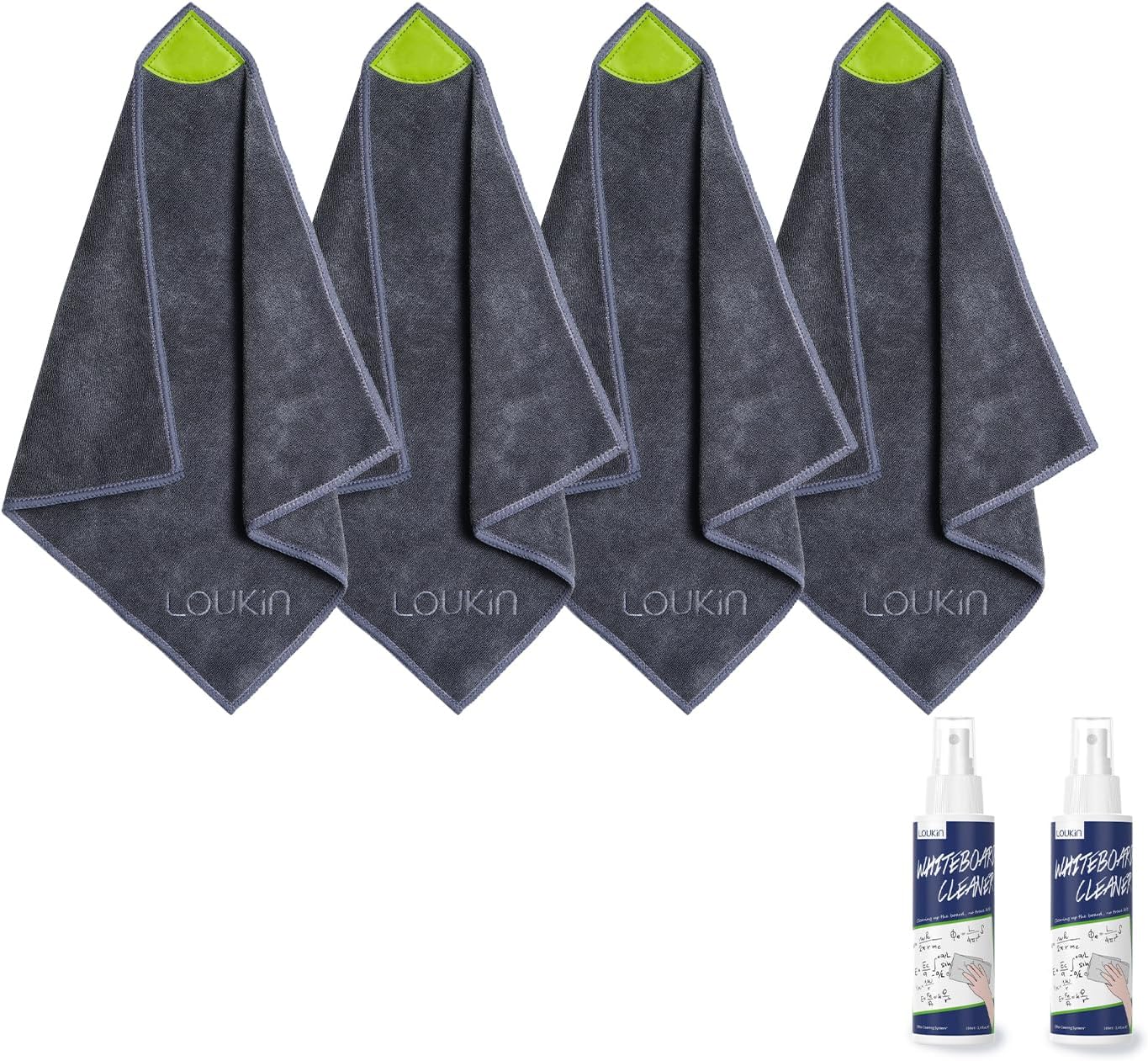 loukin 4 Pack Magnetic Cleaning Cloth, Microfiber Dry Erase Eraser, Washable Whiteboard Cleaning Cloth for Classroom, Home and Office, Grey, 12" x 12" - 3.4 fl oz Whiteboard Cleaner x 2 Included