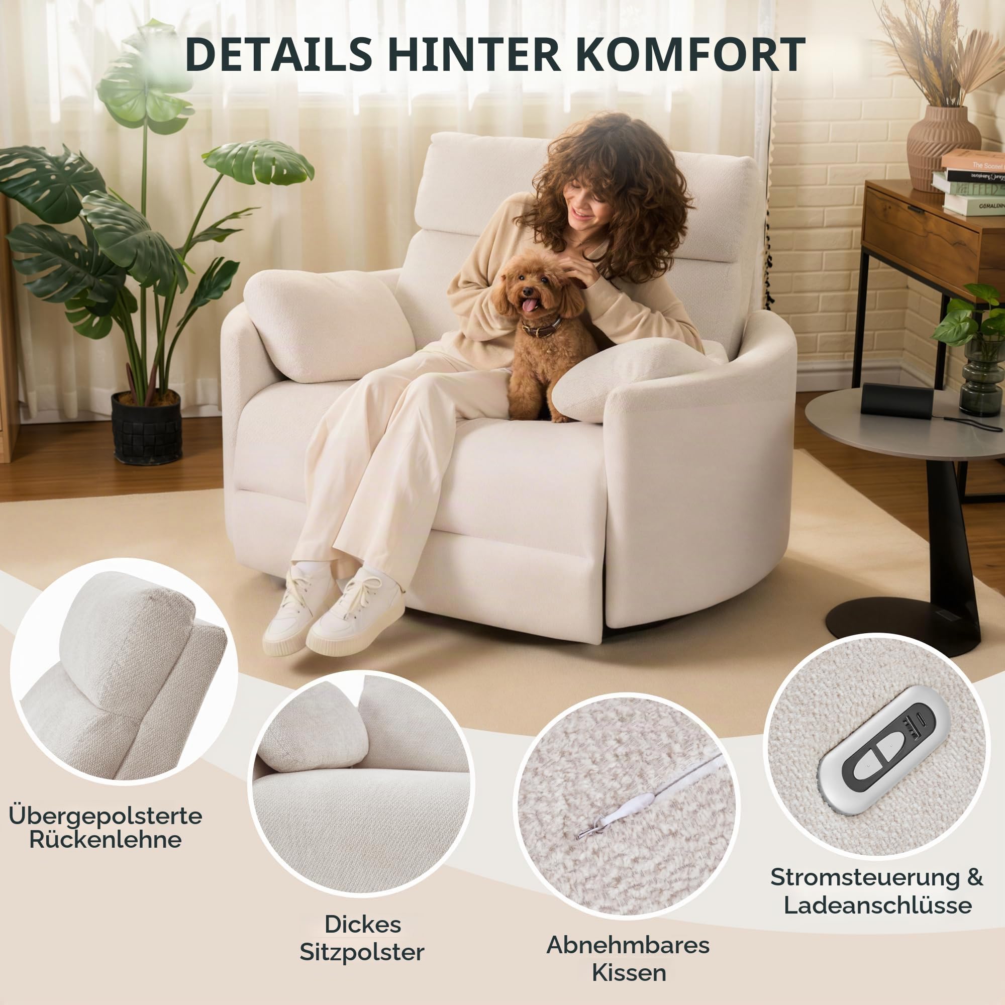 FLEXISPOT Mochi Pro Zero-Wall XXL Elektrischer Relaxsessel, 1,5-Sitzer mit 90 cm Sitzbreite, Fernsehsessel für Große & Schwere, Heimkino Sofa mit Klemmschutz, USB/Typ-C, Chenille Beige