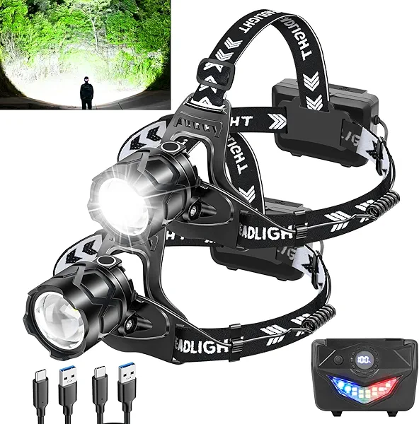 LED Headlamp High Lumens with Motion Sensor Super Bright, 3 Lighting Modes, Digital Display, Rechargeable, Waterproof Head Lamp, 90° Adjustable for Camping, Hiking, Fishing, Running Outdoor (2)