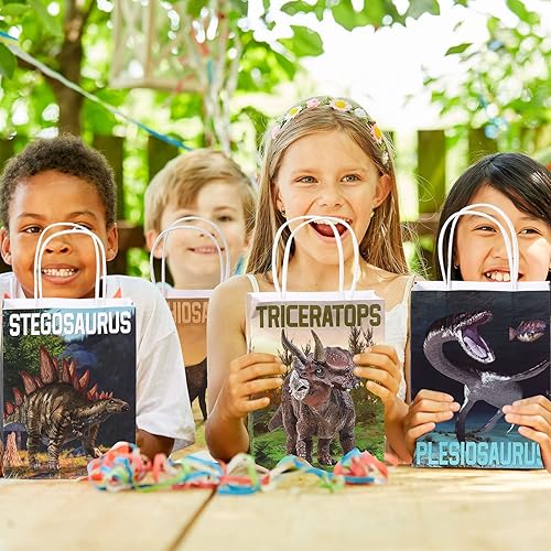 Miniatura 6 de 24 bolsas de regalo de fiesta de dinosaurio con asa, bolsas de regalo de papel kraft de dinosaurio, bolsas de regalo para niños y niñas, temática de