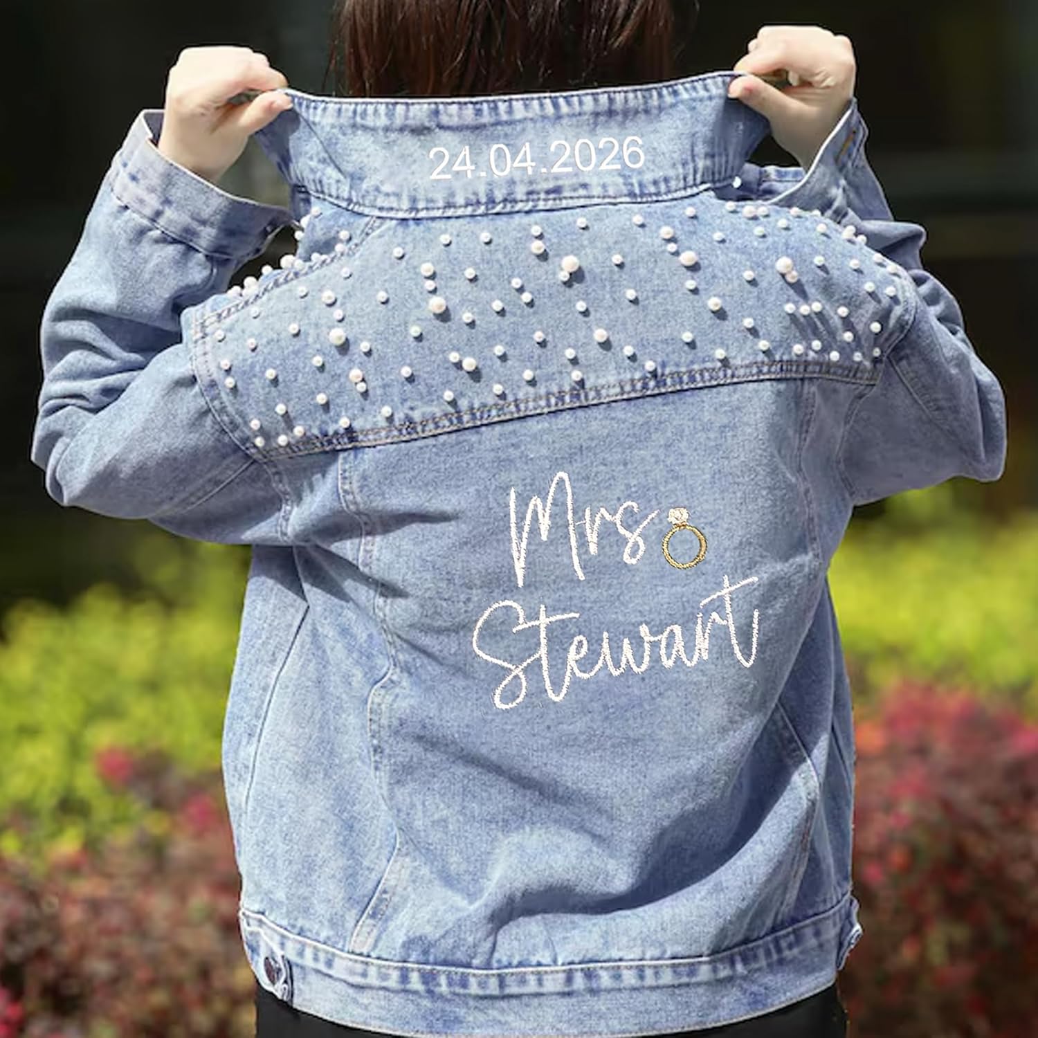 Noni Personalized Embroidered Bride Denim Jacket, Future Mrs Jean Jacket With Pearls, Wedding gifts for Bride - Image 5