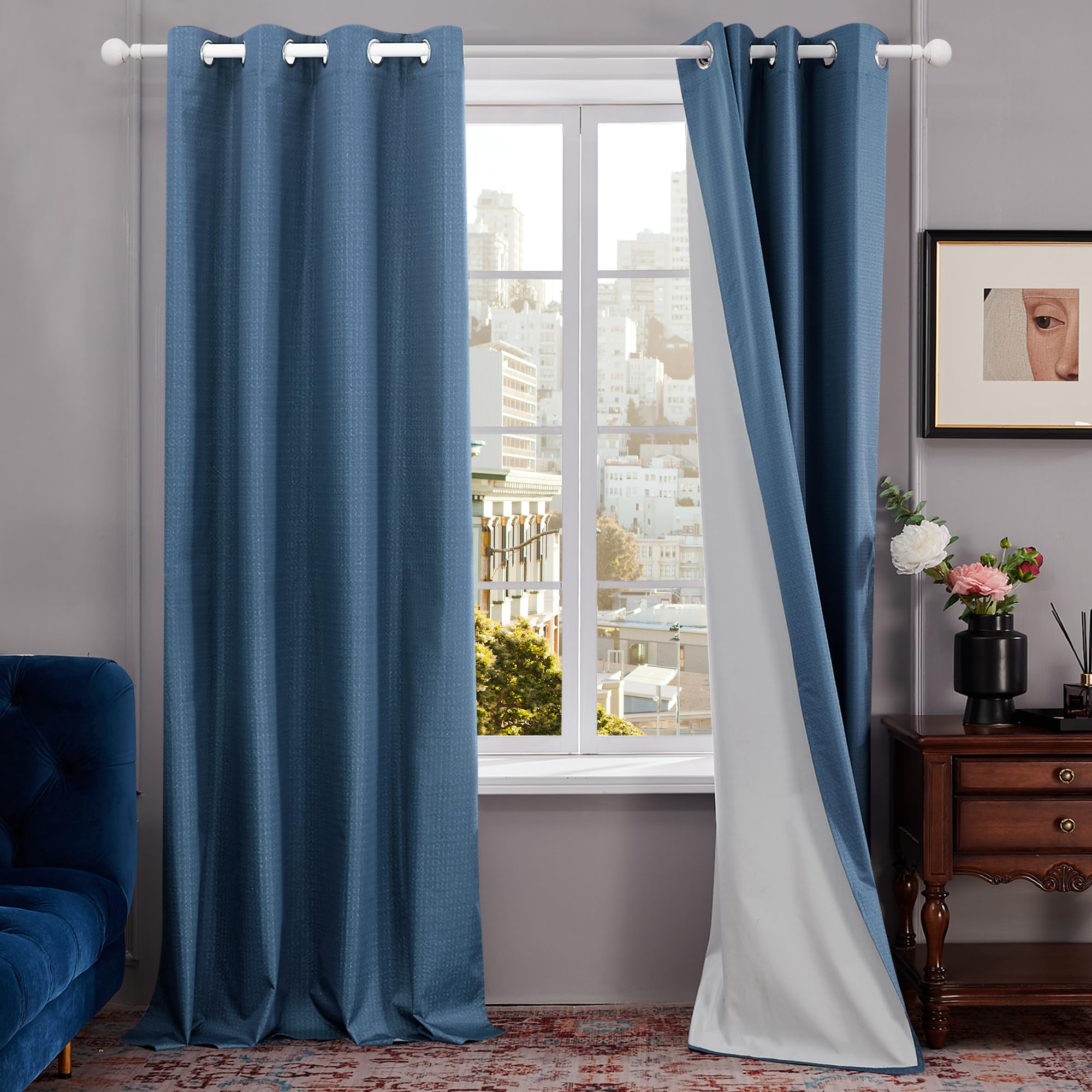 Deconovo 100% Blackout Curtains 84 Inches Long, Grommet Total Black Out Curtains - Room Darkening Lightweight Blue Curtains for Living Room, 52x84 Inch, 2 Panels