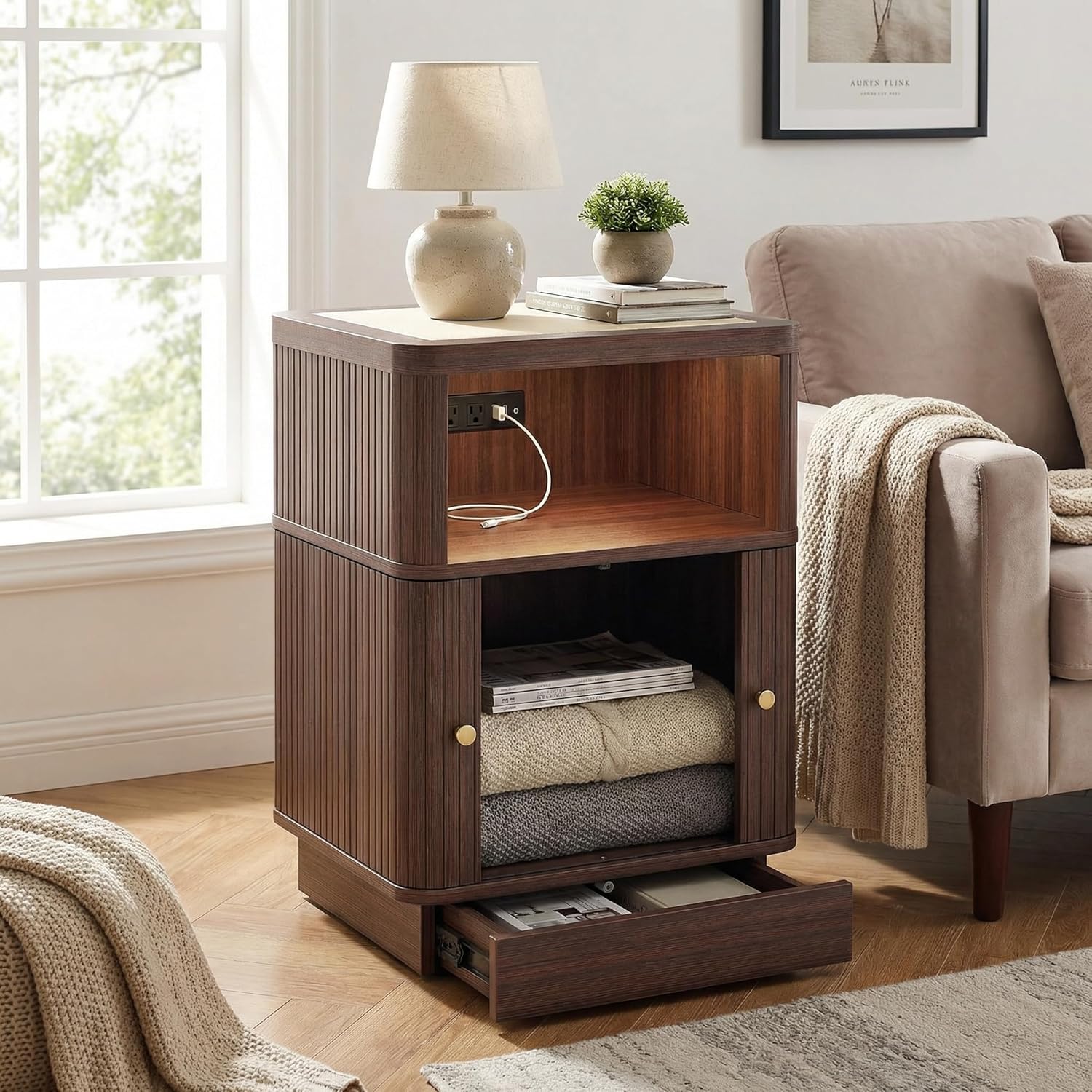 NightStand with Charging Station, Modern Night Stand with Saddle Leather Top, Smart LED, Sliding Door Cabinet and Hidden Drawer, for Bedroom, Living Room, Apartment, Dorm, Office, Walnut