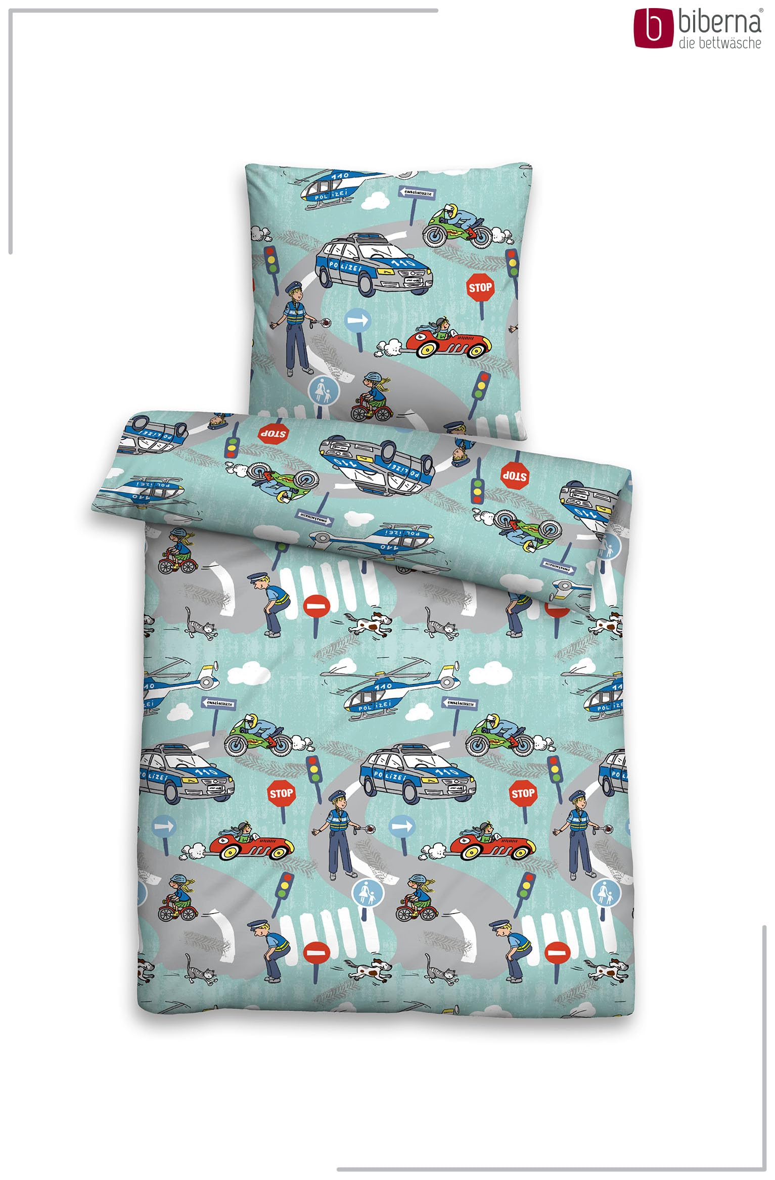 biberna Premium Biber Bettwäsche 135x200 cm türkis | Biber 2-teilig mit Kissenbezug 80x80 cm | 100% Baumwolle | weich, wärmend | Reißverschluss | Kinderbettwäsche | Polizei | Modell 0004525