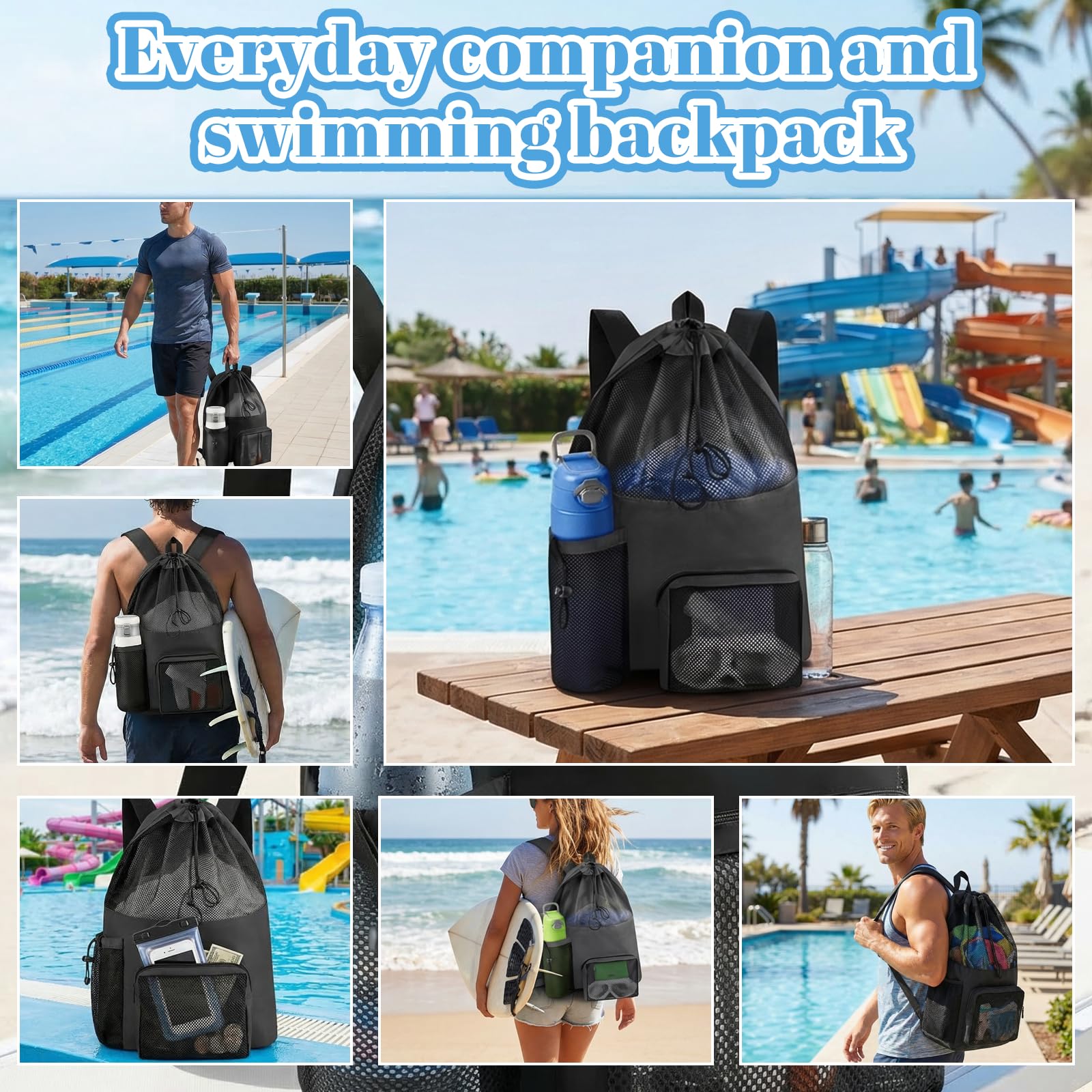 Mochila de malla para natación con cordón, Bolsa de playa ajustable para hombres y mujeres