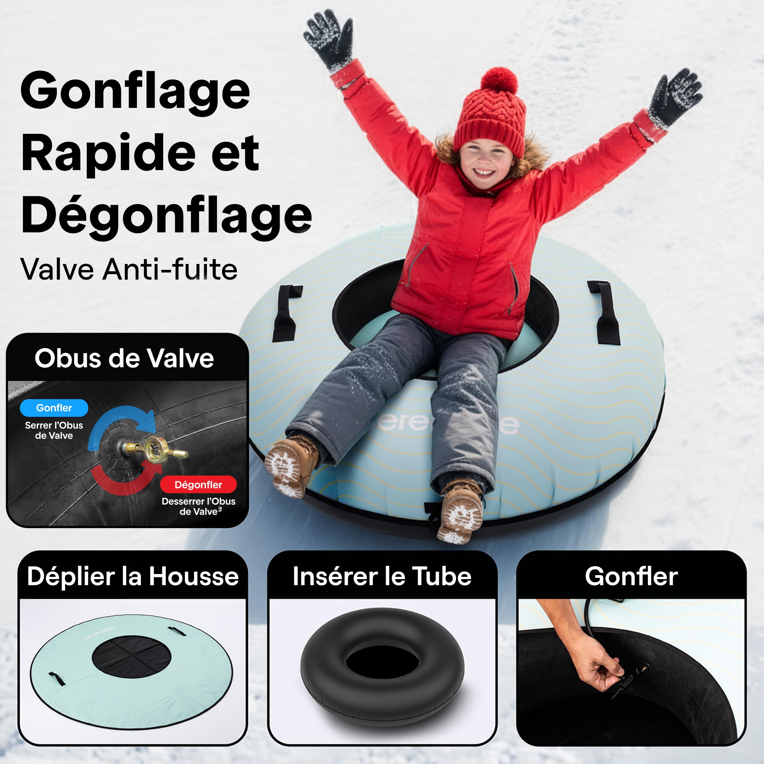 SereneLife Luge Gonflable 100 cm – Tube de Neige Résistant avec Coque Rigide et Housse Oxford – pour Enfants et Adultes