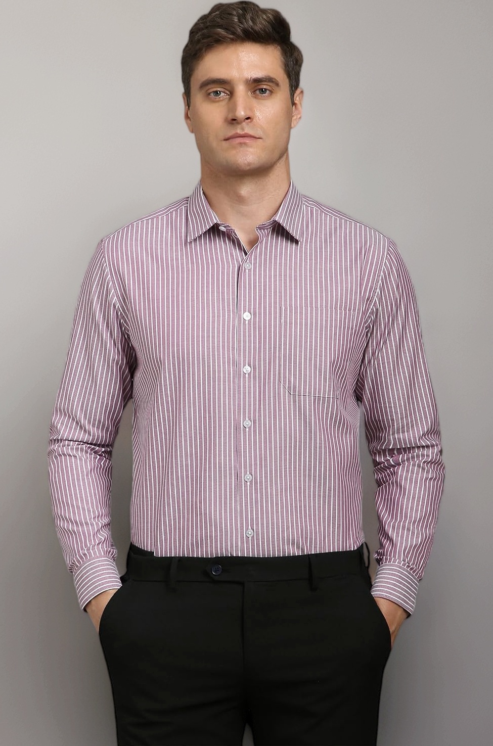 Louis Philippe Men's Easy to Iron Everyday wear Premium Cotton Full Sleeve Stripe Formal Shirt