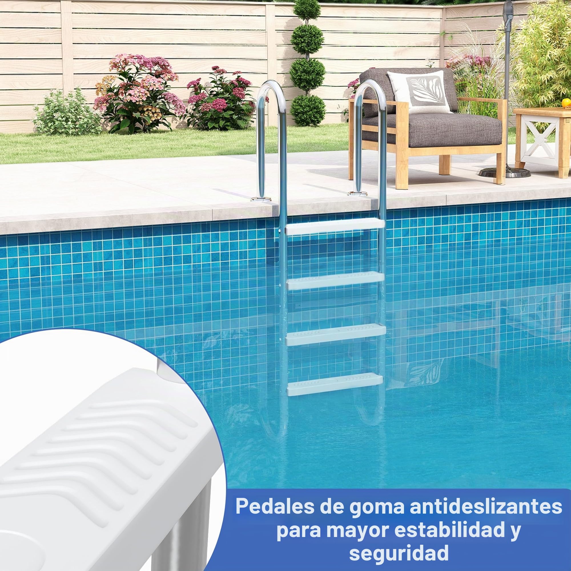 Froadp - Escalera de piscina de acero inoxidable con 4 peldaños antideslizantes, 157 x 54 x 26,5 cm, carga máxima: 150 kg, color plateado