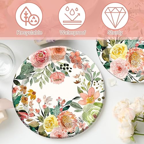Miniatura 3 de AnyDesign - 40 platos de papel floral acuarela rosa flor vegetación platos desechables platos decorativos para primavera, boda, cumpleaños, baby