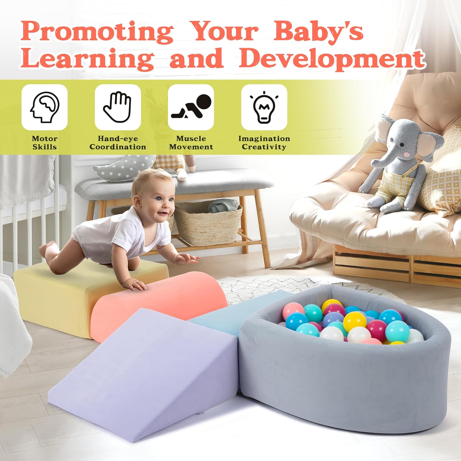 Climbing Toys for 1 Year Old, Toddler Climbing Toys Indoor with Ball Pit, 5-Piece Foam Climbing Blocks with Velcro, Soft Play Set for Toddlers, Baby Blocks Activity Play (Balls Not Included)
