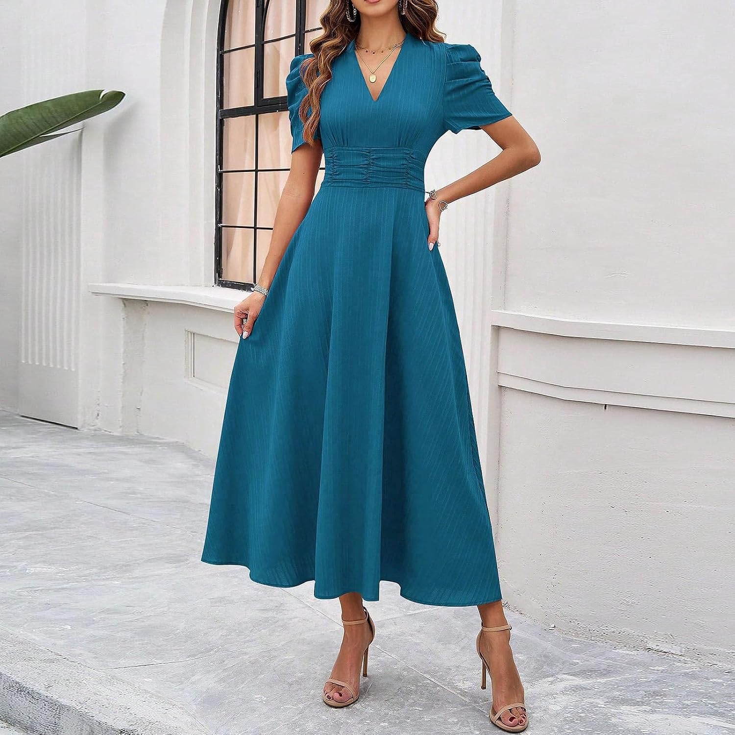 Flowy A Line Dresses for Women Short Sleeve V Neck Formal Wedding Guest Dress Elegant Solid Color Evening Party Wear