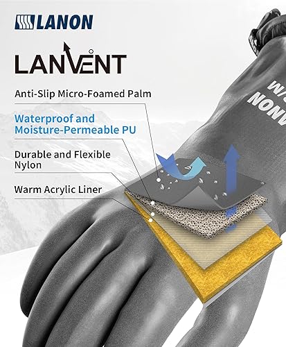 Miniatura 2 de LANON - Guantes de trabajo de invierno impermeables, con revestimiento de poliuretano permeable a la humedad, guantes cálidos para congelador y