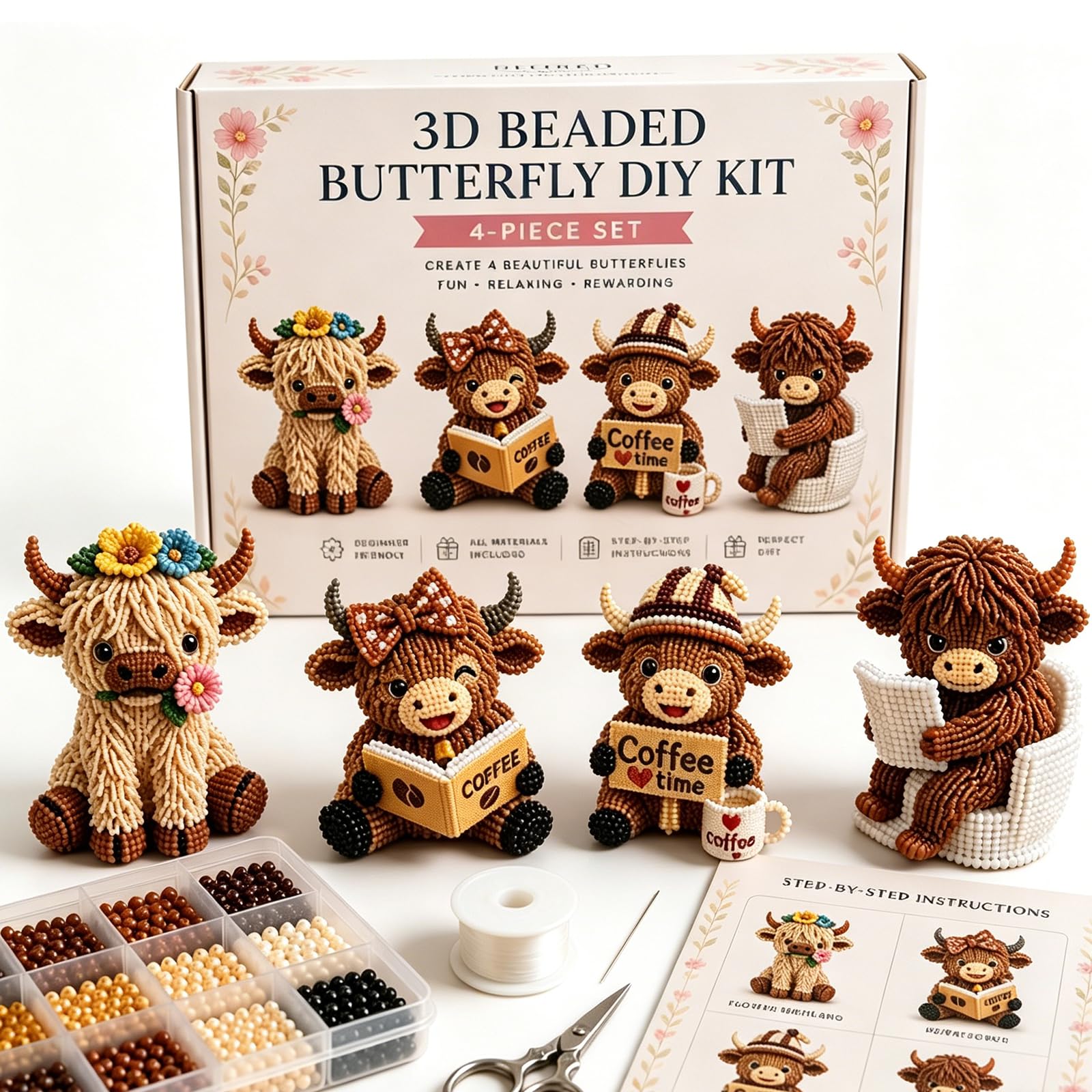 3D Highland Cow DIY Bead Kit, 3D Beaded Animal DIY Kit with 4 Cute Highland Cow Designs, Beginner Friendly Animal Beading Kit, Tiny Beaded Animal Craft Kit for Adults & Craft Lovers (#C)