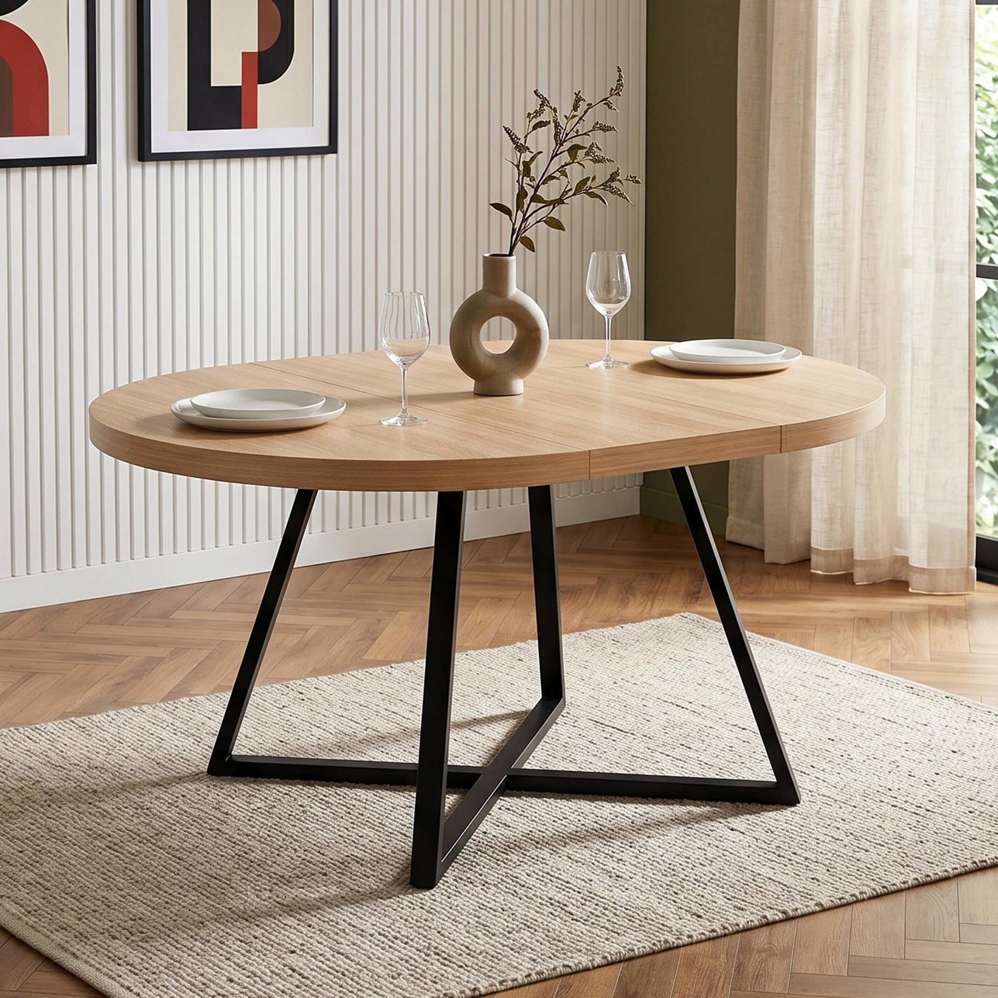 Okrągły wysuwany stół do jadalni 100/140 x 100 cm dla 4-6 osób, blat stołu MDF o grubości 3 cm ze stabilnymi metalowymi nogami, zajmuje mało miejsca do jadalni, kuchni, salonu (wygląd dębu)
