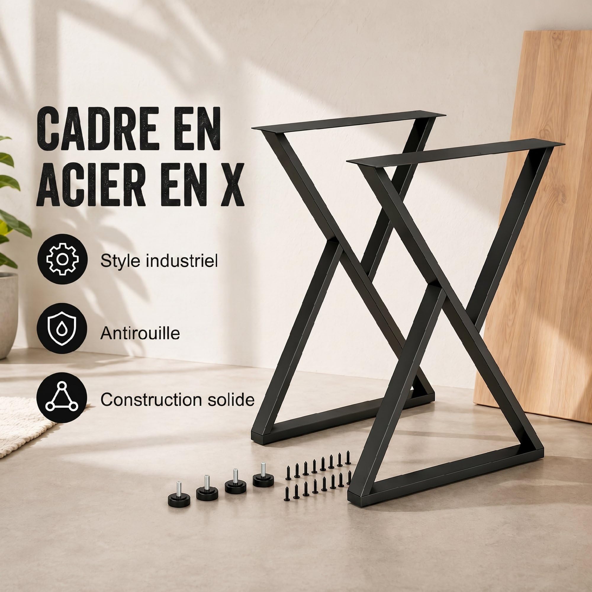 HOMCOM Pieds de Table en Acier, 60 x 72 cm, Lot de 2 Pieds de Bureau en Forme X, Bricolage à Domicile, avec Patins Réglables et Vis, Style Industriel, Noir