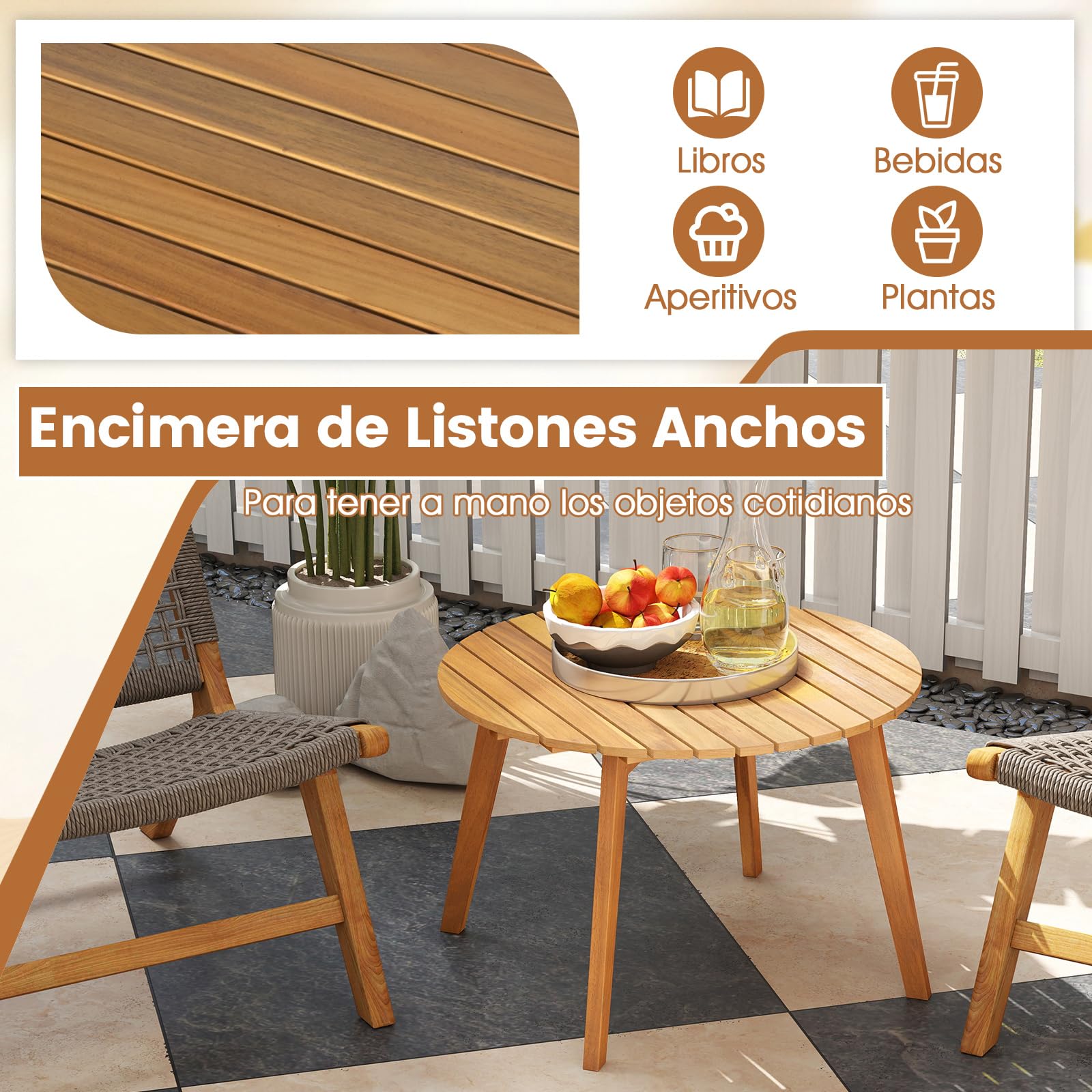 COSTWAY Mesa Auxiliar Redonda de Madera Acacia, 62x 40 cm, Tablero de Listones, Mesita Mesa Baja Jardin Balcon Terraza Exterior Interior Piscina Patio, Natural