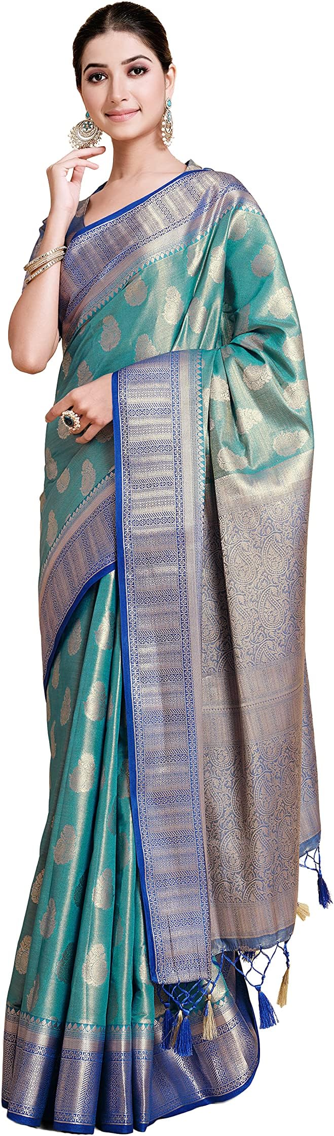 MimosaWomen's Traditional Ussi Kanjivaram Art Silk Saree With Blouse Color: Turquoise Blue : (5664-690-2D-SF-RB), Turquoise, Length-5.4 mts+0.80 Mts Blouse=Total 6.2 Mts
