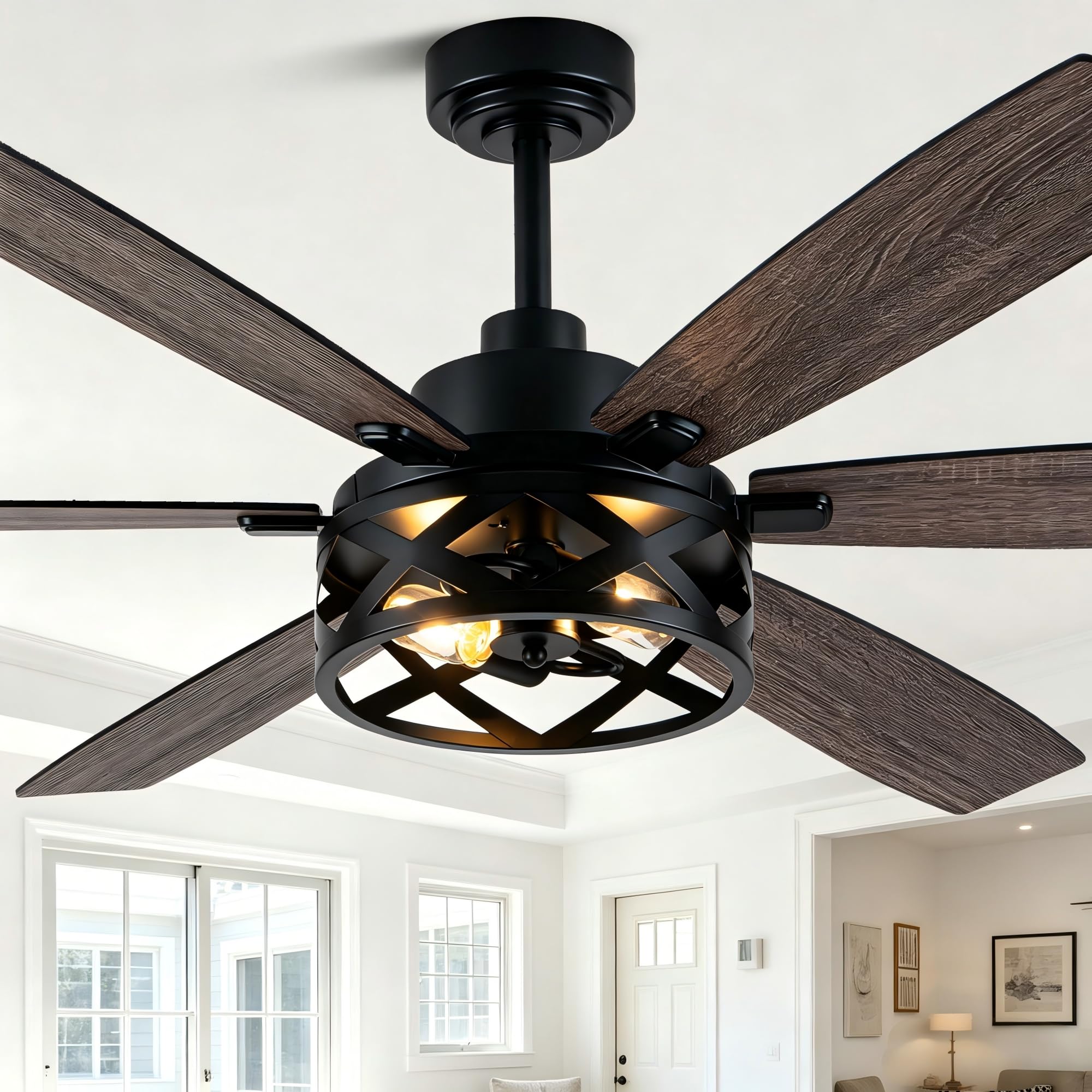 60“ Farmhouse Ceiling Fan with Lights Remote, Rustic Ceiling Fan