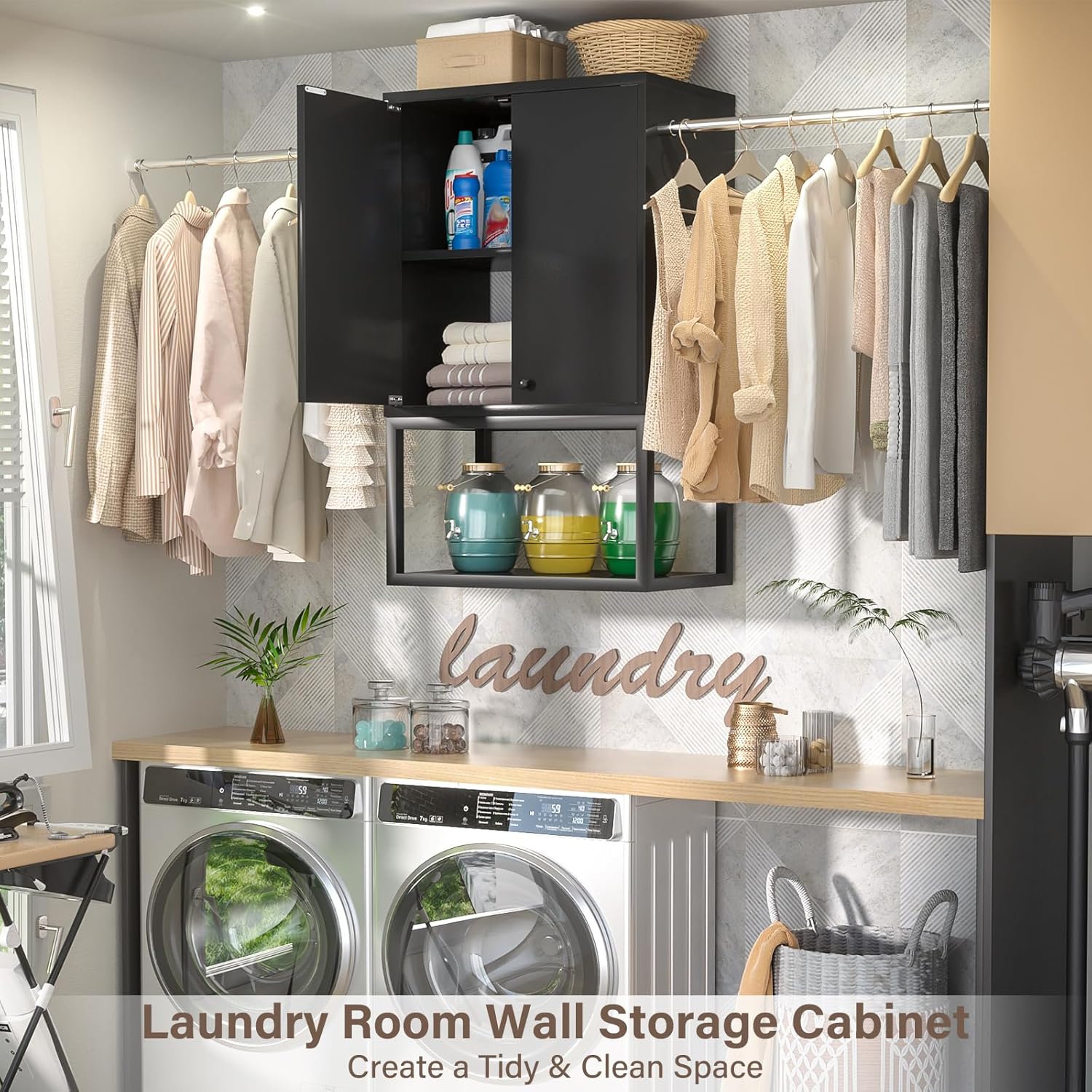 Homieasy Wall Cabinet with 2 Hanging Rods, 67'' Wide Laundry Wall Cabinet with 2 Doors, Open Rack & Adjustable Inner Shelf, Storage Cabinet Wall Mounted for Laundry & Bathroom, Black
