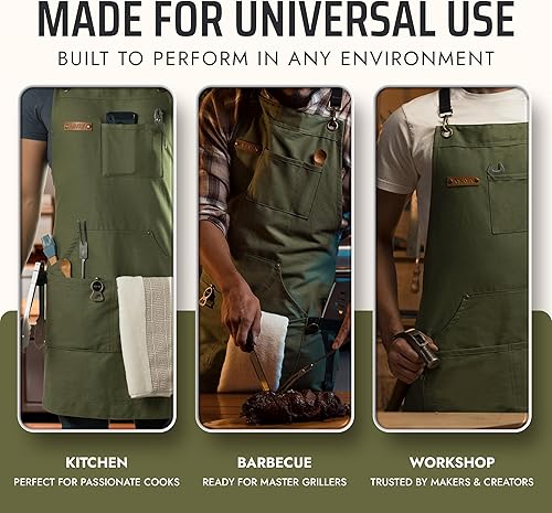 Miniatura 49 de Asaya - Delantal de chef para hombres y mujeres más toalla de mano y abrebotellas, de lona de 10 onzas Rojo,Negro,Azul,Azul-Verde,Borgoña,Verde