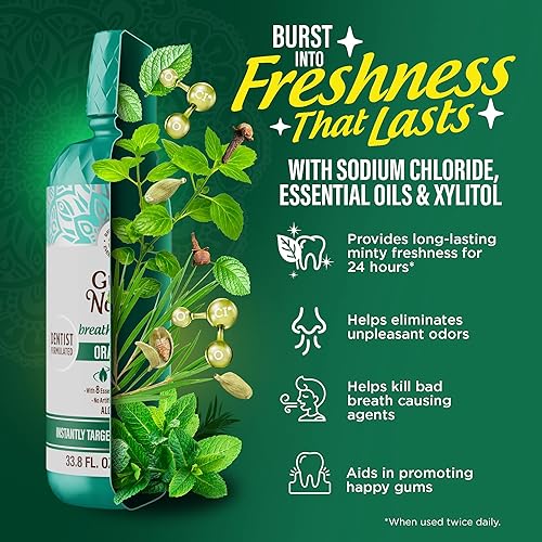 Miniatura 5 de GuruNanda Enjuague bucal Fresh Breath, aceptado por la ADA, sin alcohol ni fluoruro, clorito de sodio, aceites esenciales y vitaminas, 12 horas de