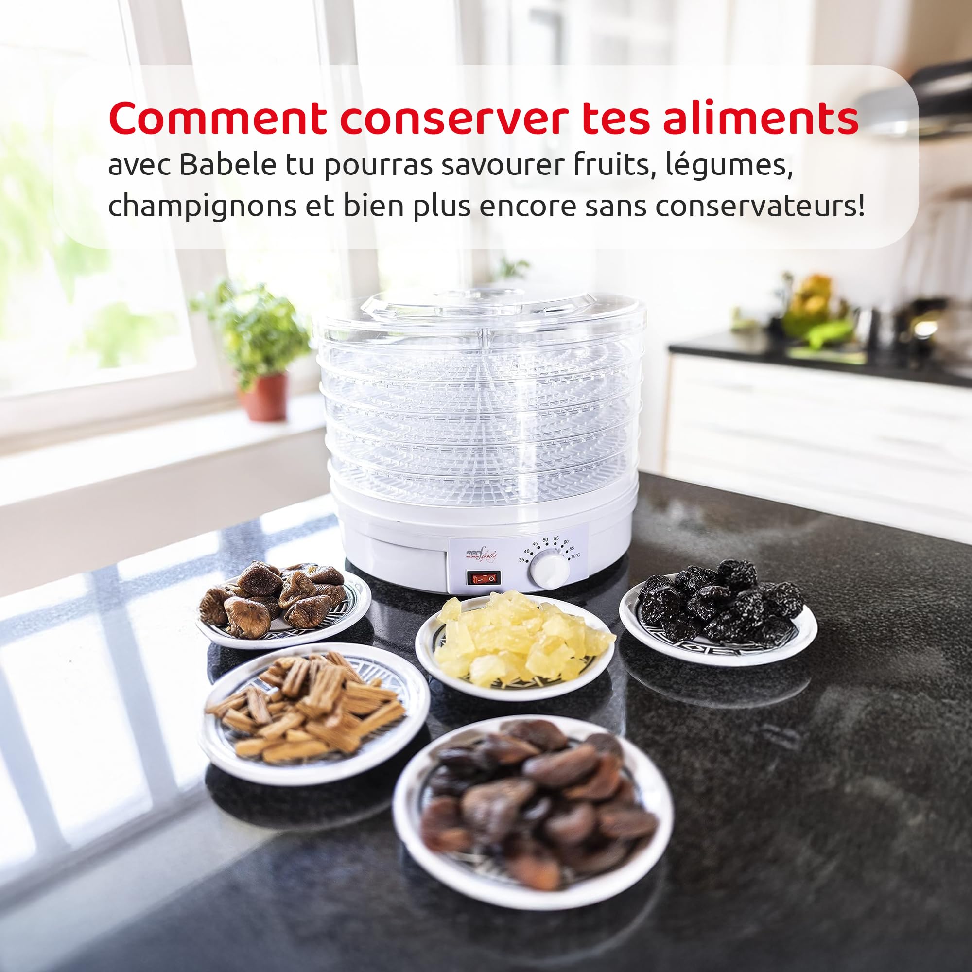 Melchioni Family | Déshydrateur Électrique BABELE, Déshydrateur Alimentaire Polyvalent, 5 Plateaux Empilables et Amovibles, Puissance 250W, Température Réglable 40–70°C