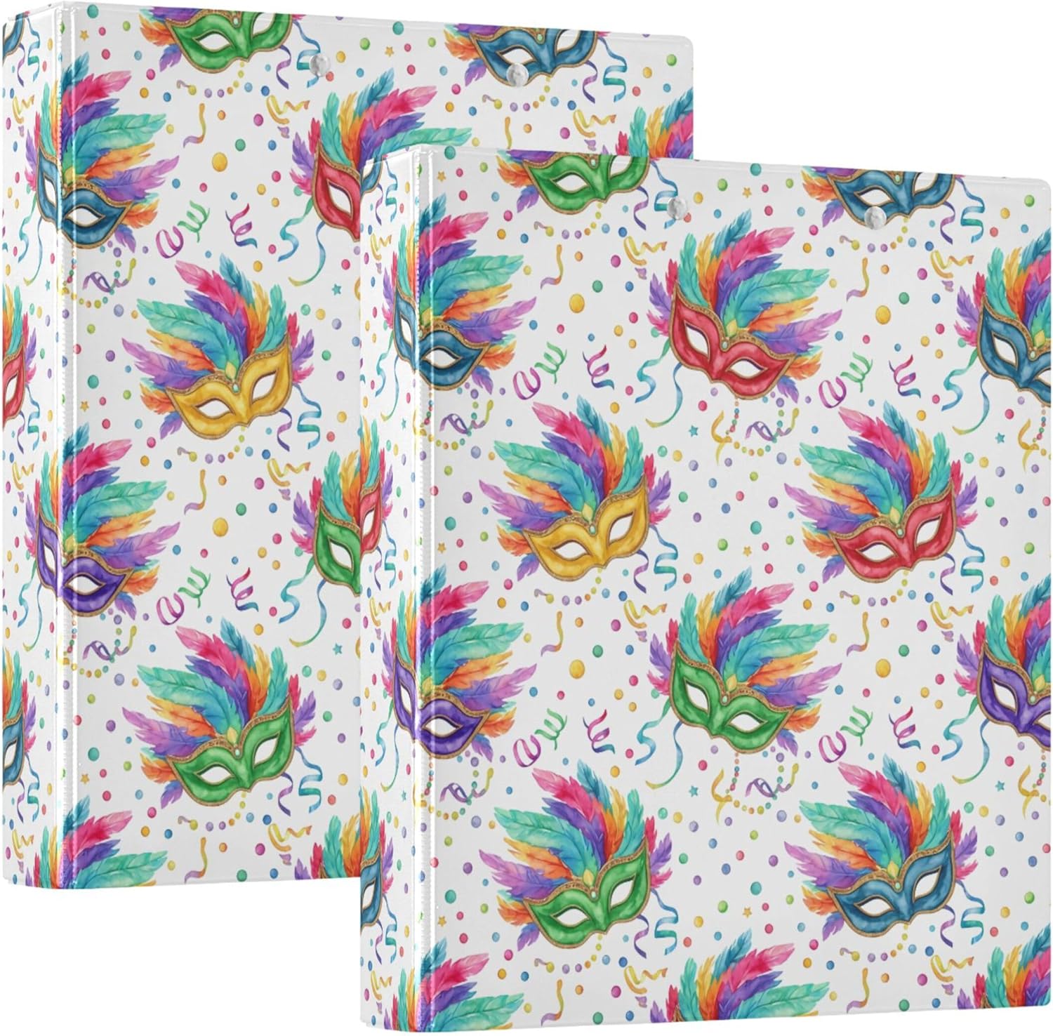 Mardi Gras Colorful Mask 3 Ring Binders, 1.5” Round Ring Binders with Clipboard - Letter Size, 3 Interior PVC Clear Pockets & Anti-Slip Clip for Office School Supplies, 2PCS