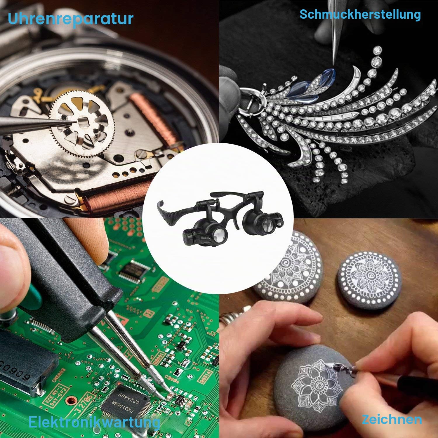 Lupenbrille Kopfband Lupen mit Licht für Juwelieruhr Uhrmacher Reparatur und Bastler - 8 Paar austauschbare Linsen: 2,5x/4x/6x/8x/10x/15x/20x/25x