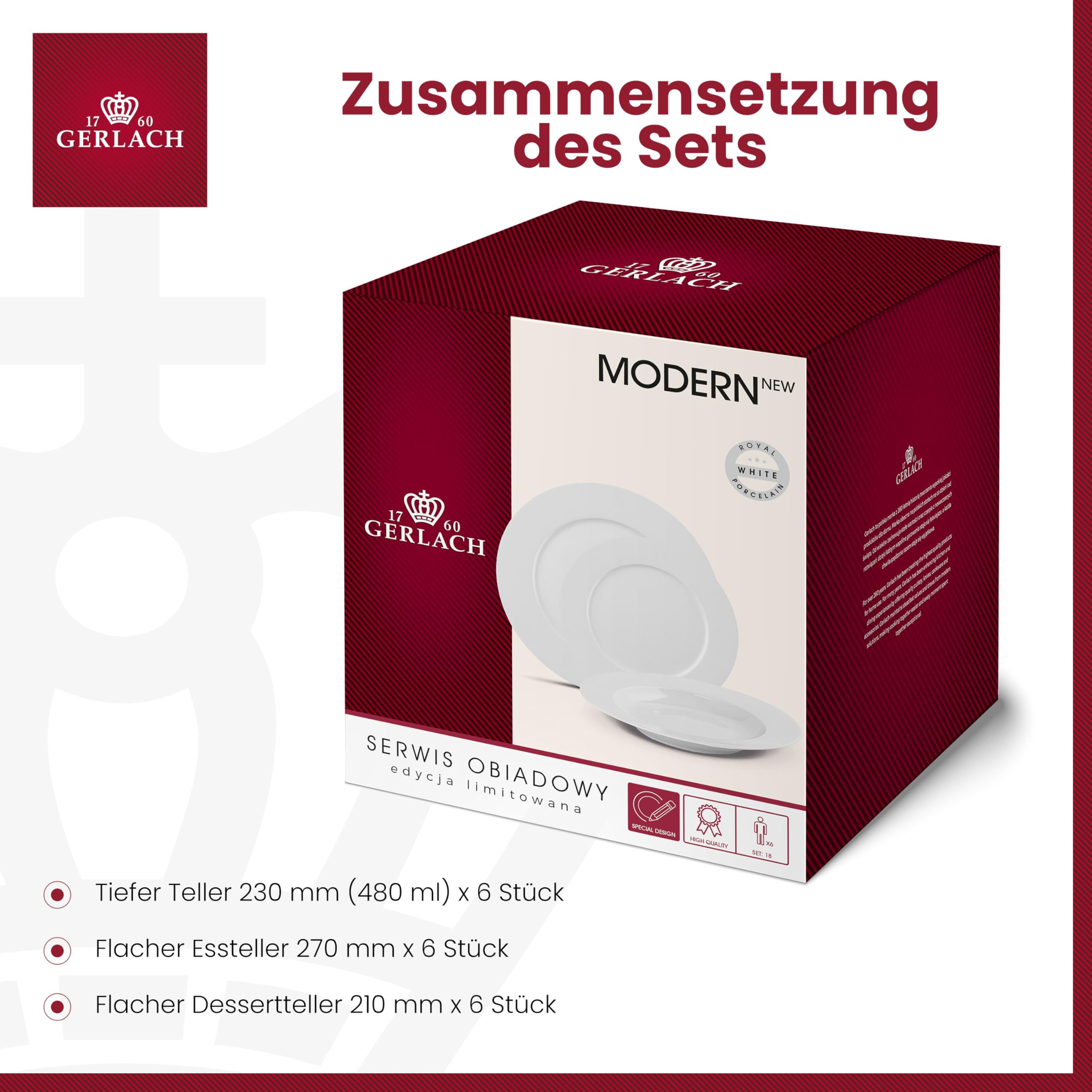Gerlach 1760 Geschirrset - 18 Stück - Tafelservice 6 Personen - Teller Set - Porzellan Modern, Weiß